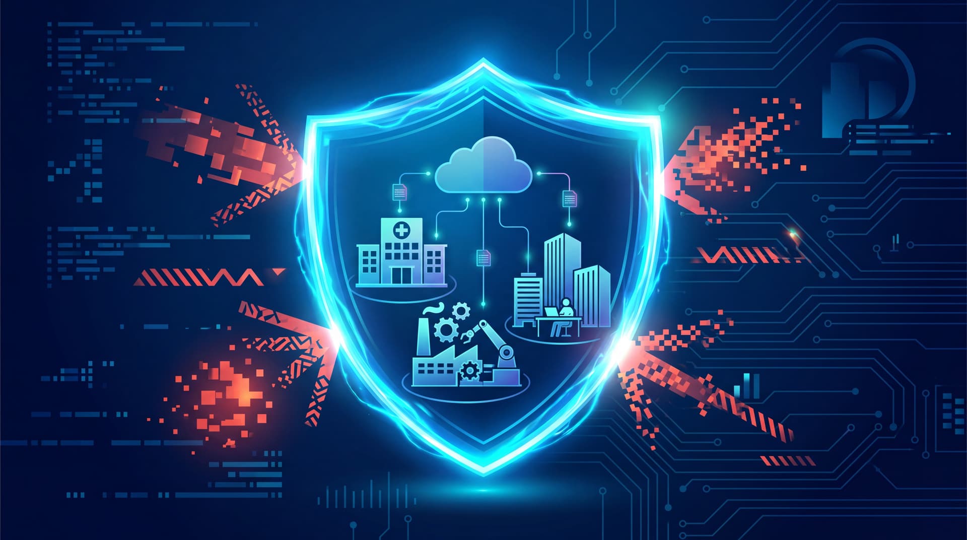 A digital shield protecting healthcare, manufacturing, and corporate icons against a dark background.