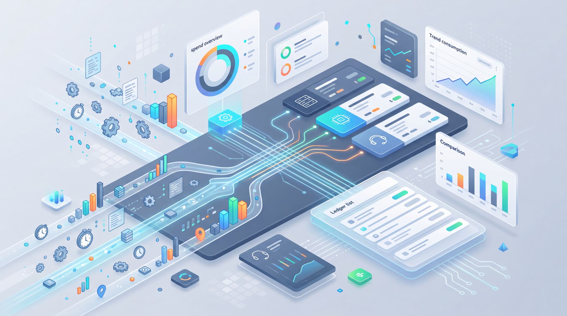Abstract modern dashboard showing transparent MSP usage analytics and billing metrics.