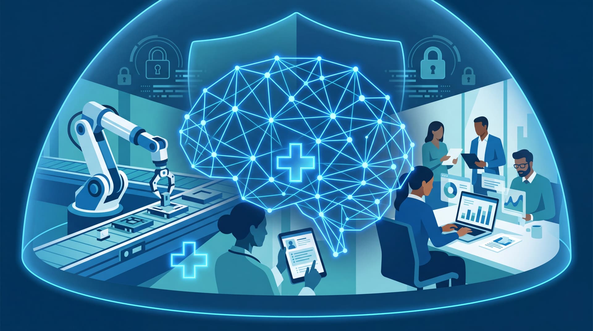 Conceptual illustration of AI technology securely integrated into healthcare, manufacturing, and professional services environments.