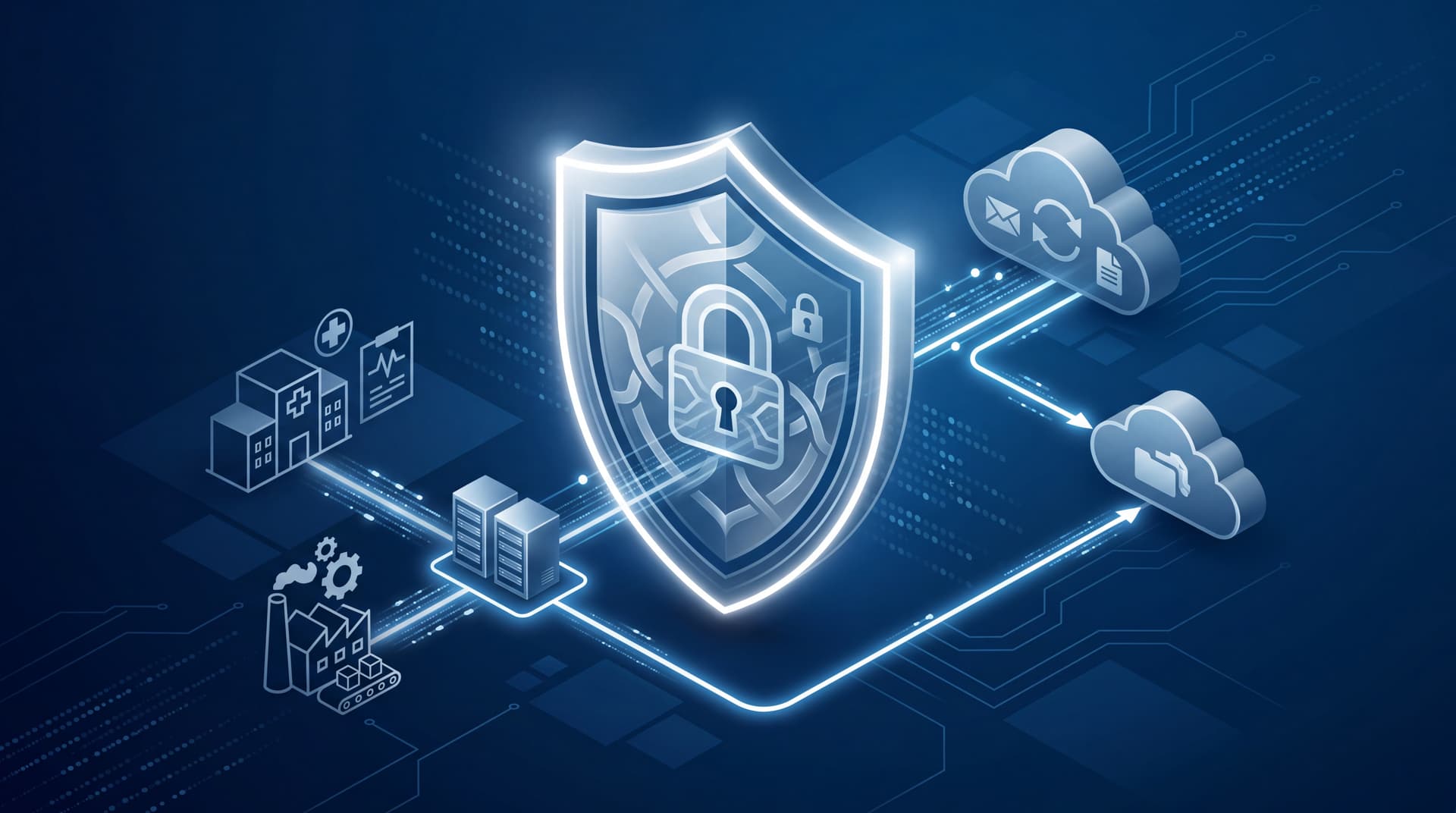 A glowing digital shield protecting interconnected cloud servers, representing business continuity and data security.