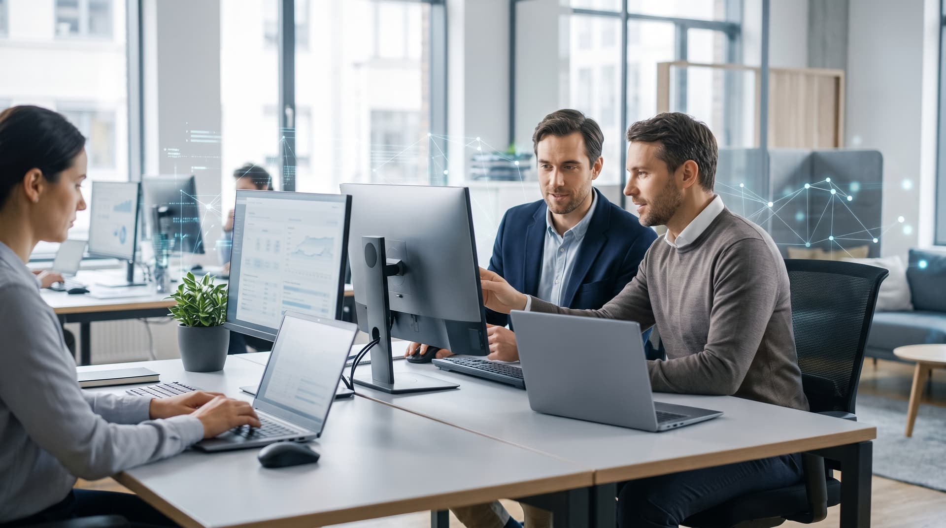 A calm modern office setting where team members work efficiently with reliable technology systems.