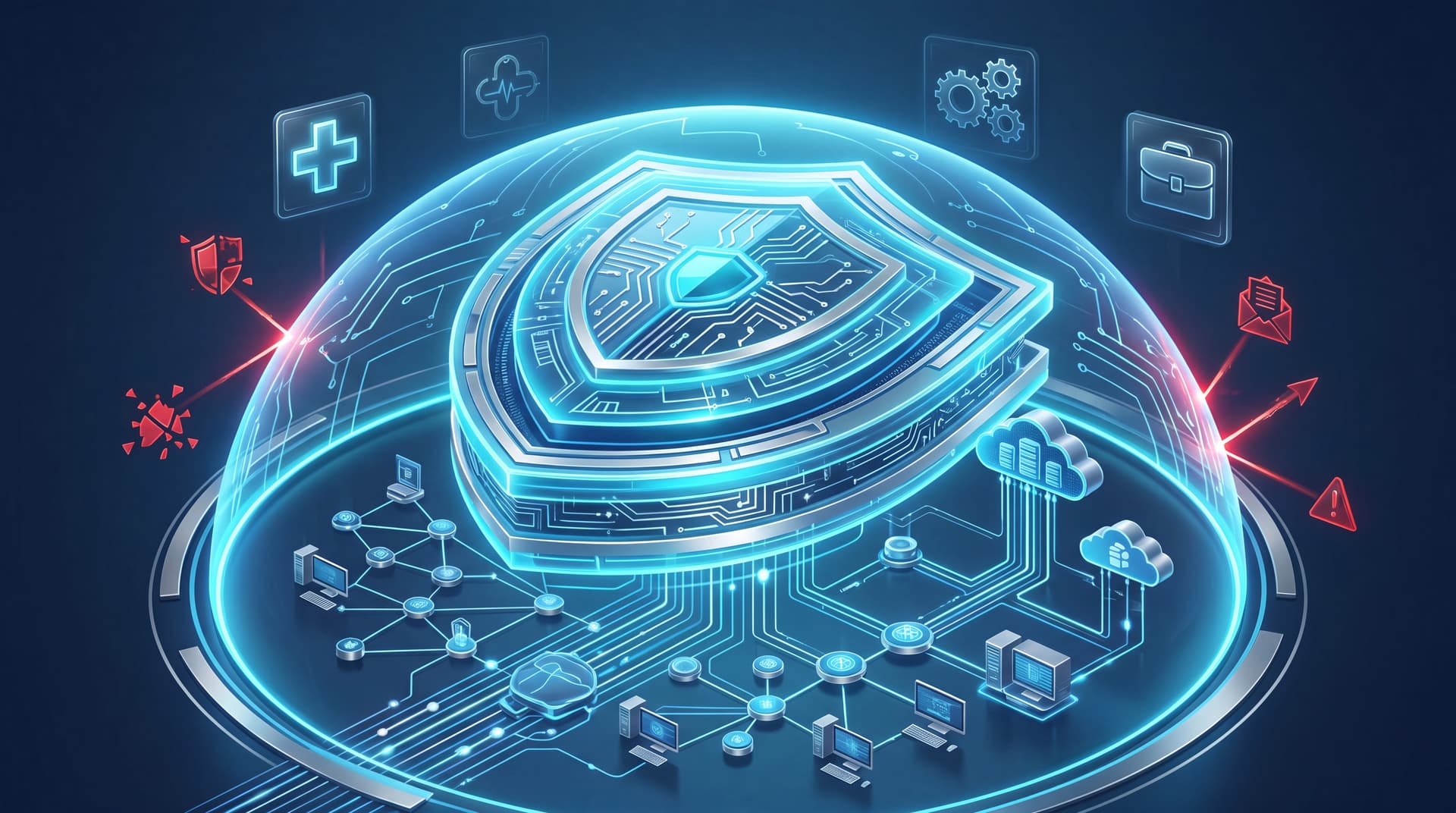 A digital shield protecting business networks and cloud servers, representing modern cybersecurity defenses for SMBs.