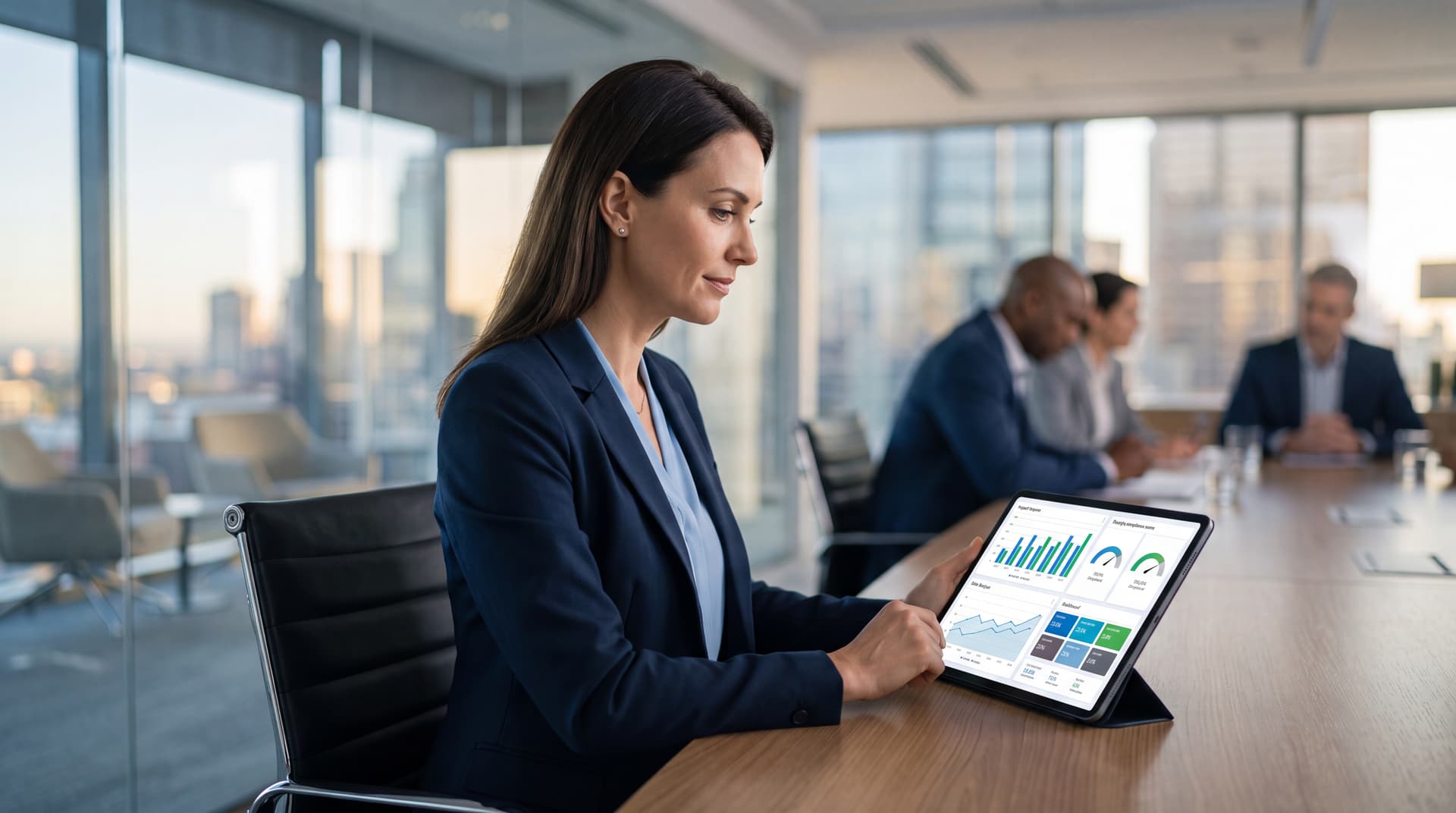 Executive reviewing a strategic IT scorecard on a digital tablet in a modern boardroom.
