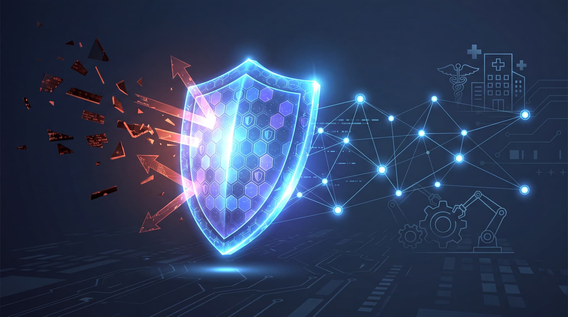 A digital shield protecting a network of business data nodes against cyber threats.
