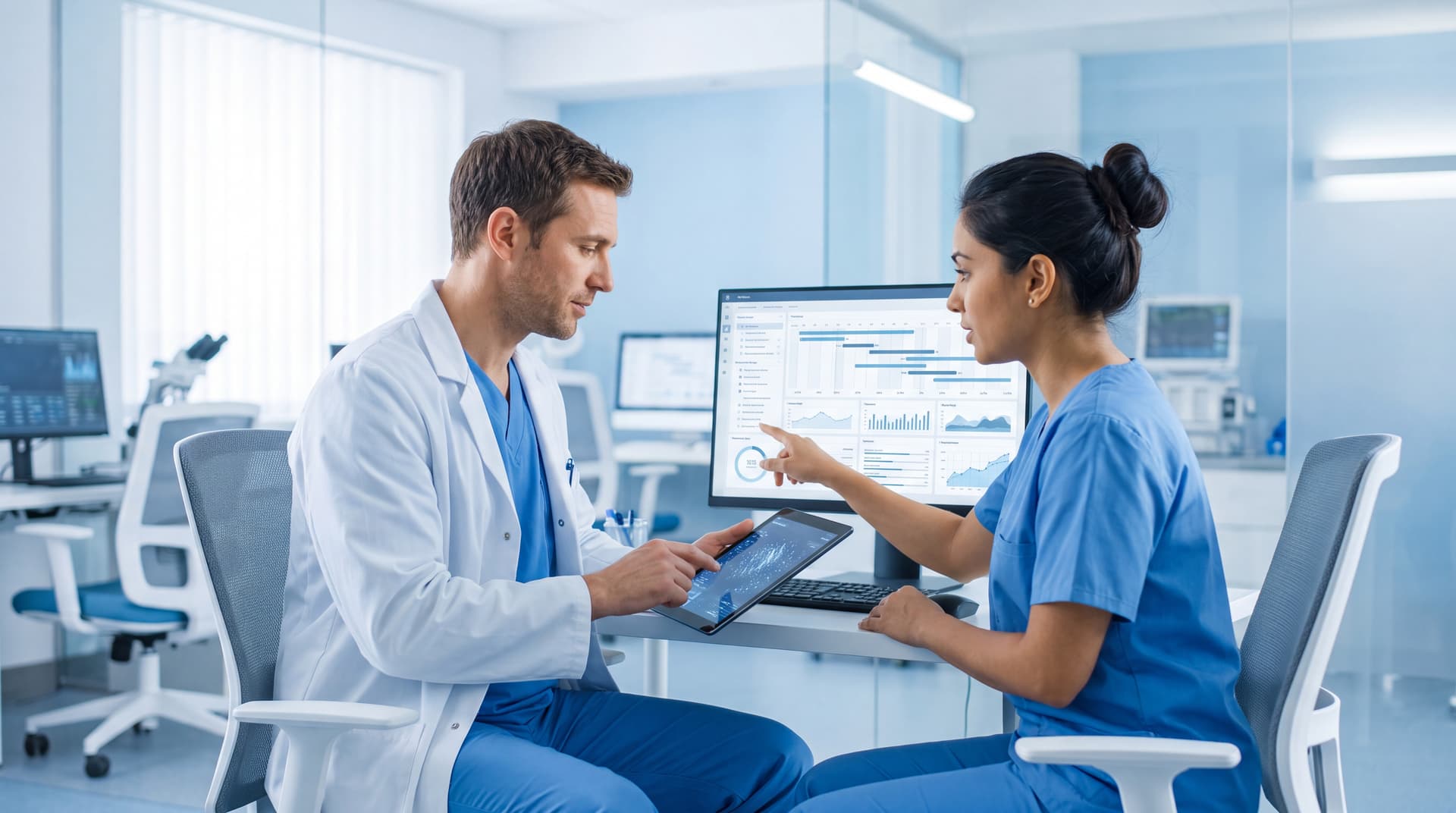 Medical professionals using secure healthcare technology in a modern clinic.