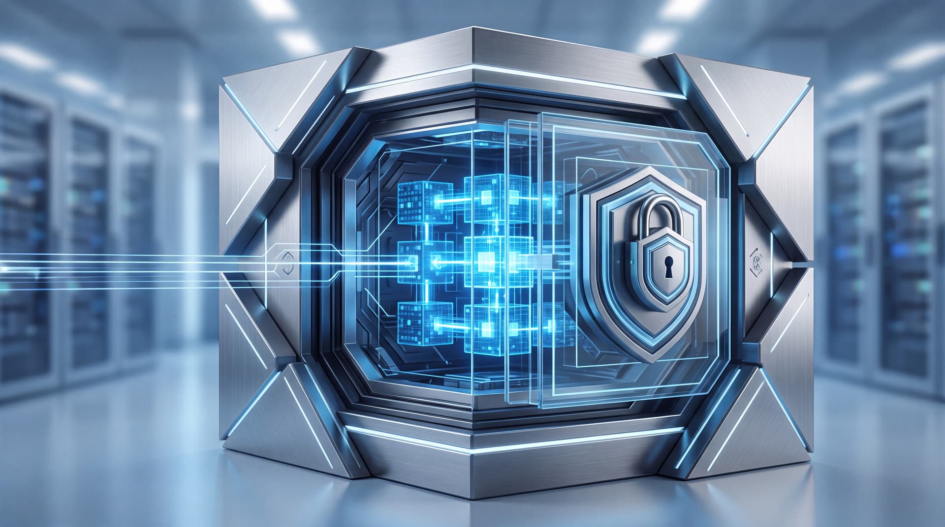 A glowing digital vault protecting data blocks representing secure immutable backups.
