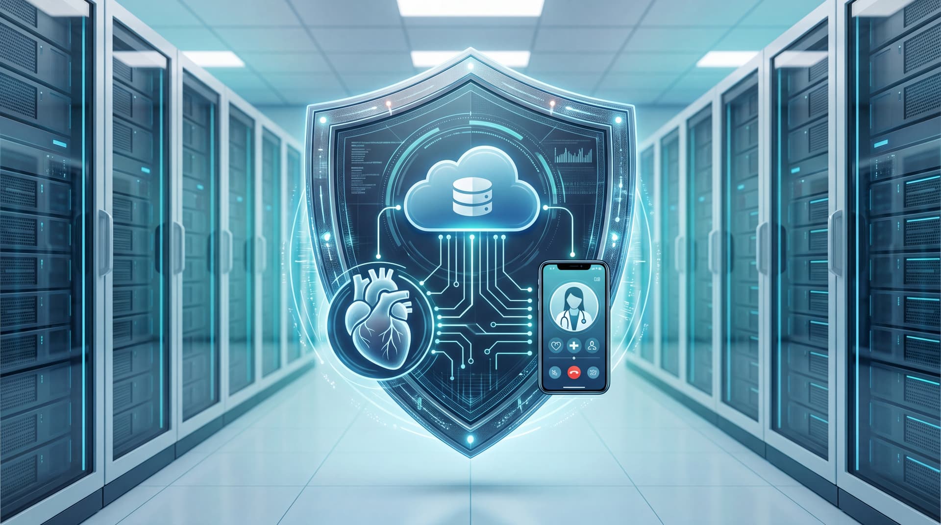 A digital shield protecting medical and cloud technology icons, representing secure healthcare IT infrastructure.