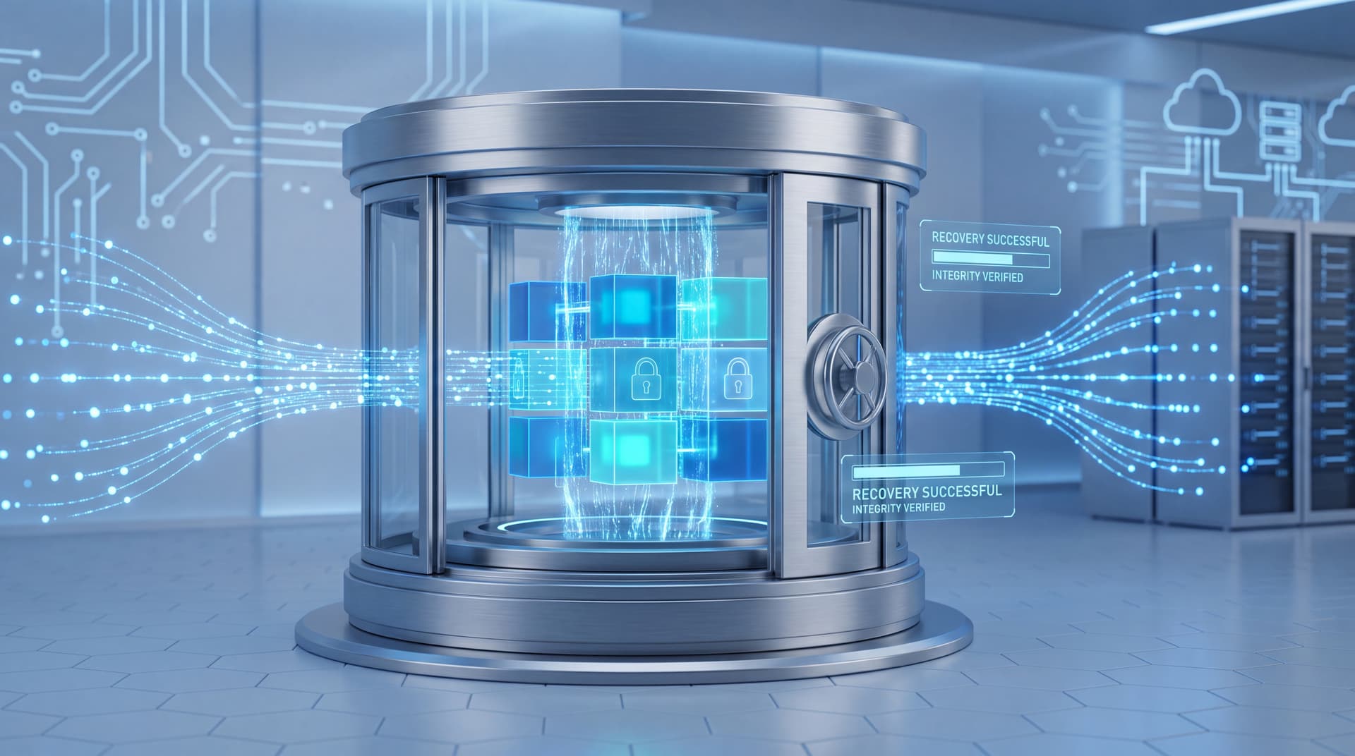 A secure digital vault protecting data blocks, illustrating immutable data storage.