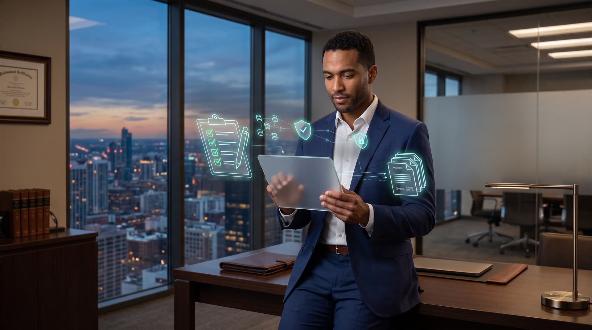 Financial advisory office tablet showing cybersecurity audit controls and safeguards mapping dashboard.