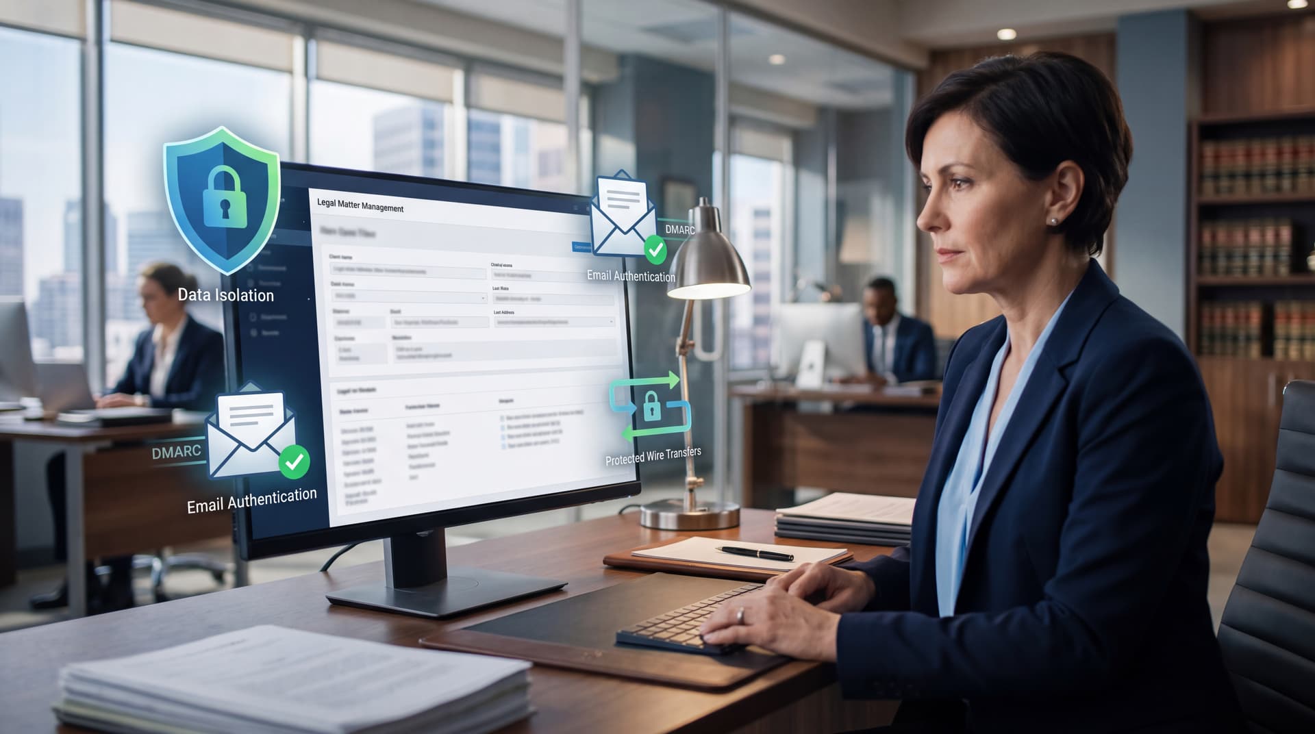 A professional legal technology office environment showing email security and matter data isolation software.