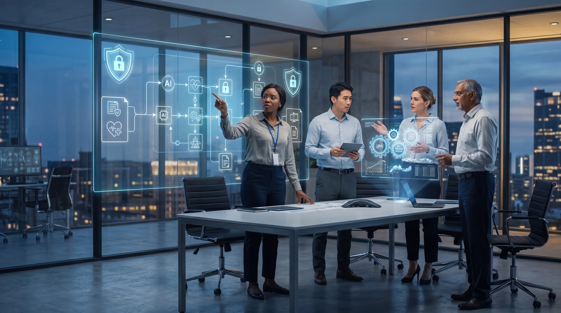 Professionals analyzing digital workflow data and security metrics in a modern office environment.