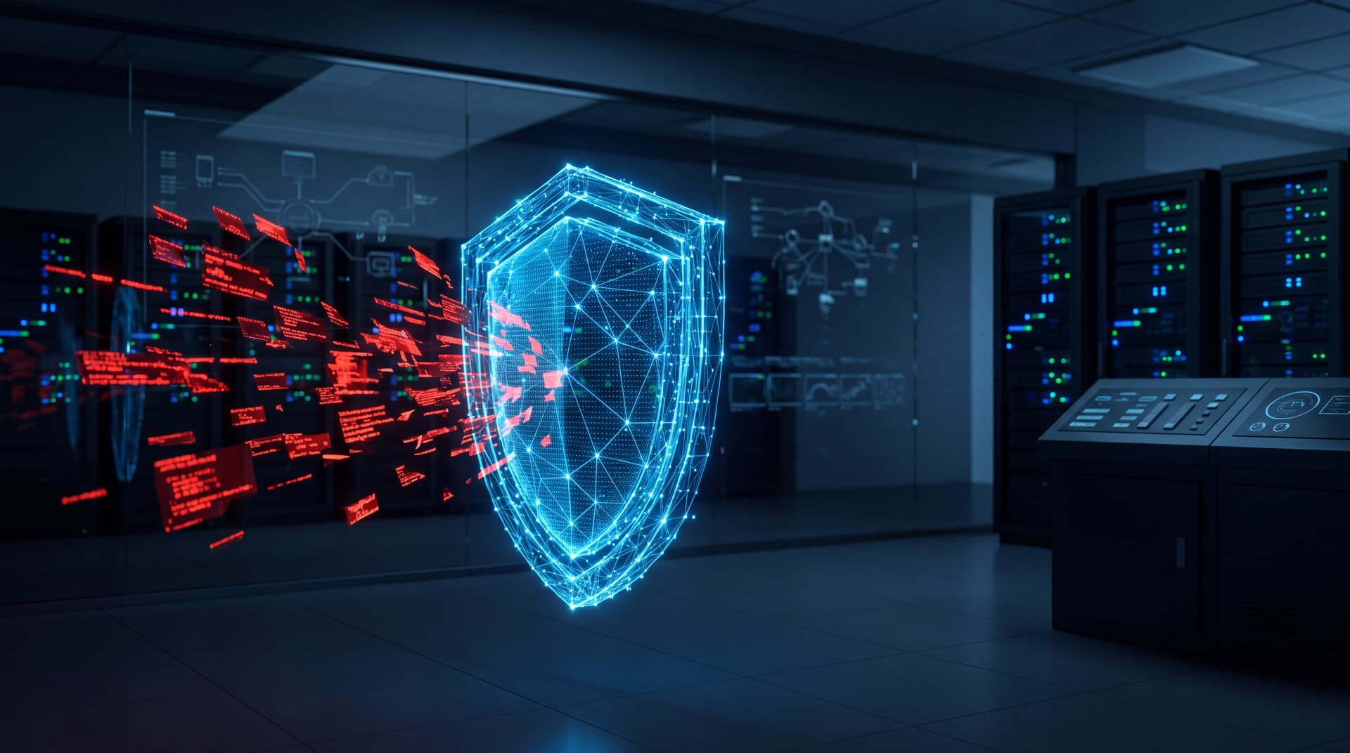Abstract glowing shield intercepting malicious data packets in a dark enterprise IT environment.