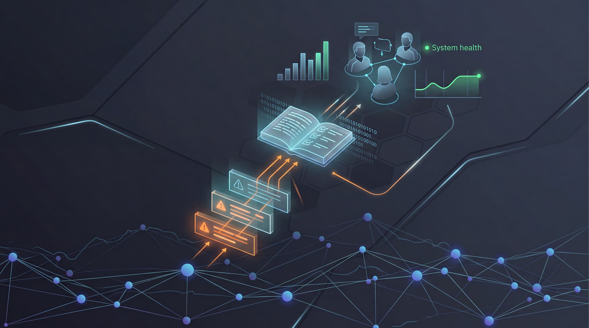 Futuristic network operations dashboard conceptual illustration showing telemetry nodes and alert statuses.
