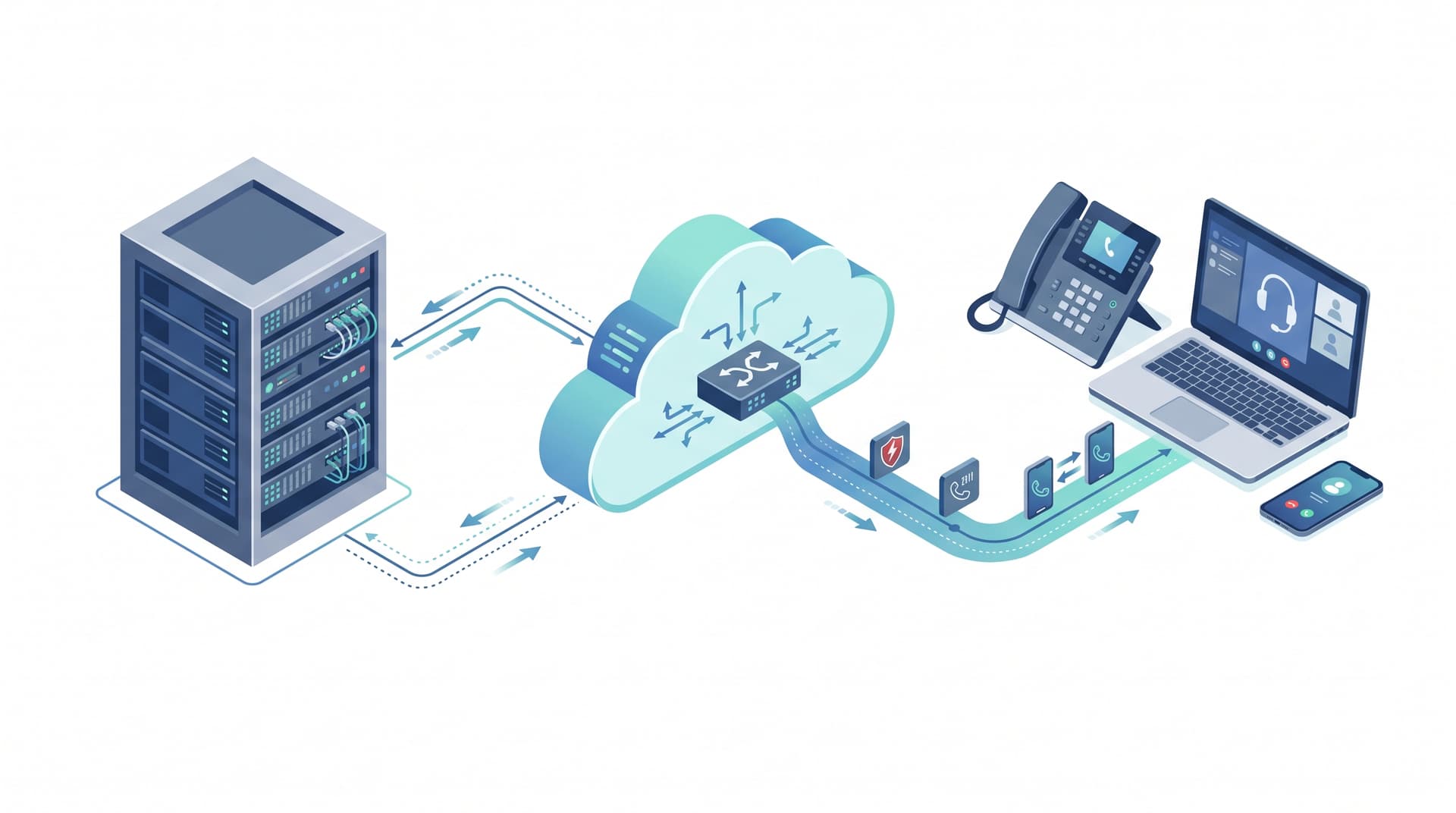 Illustration of a hybrid voice communications architecture connecting cloud and on-premises phone systems.
