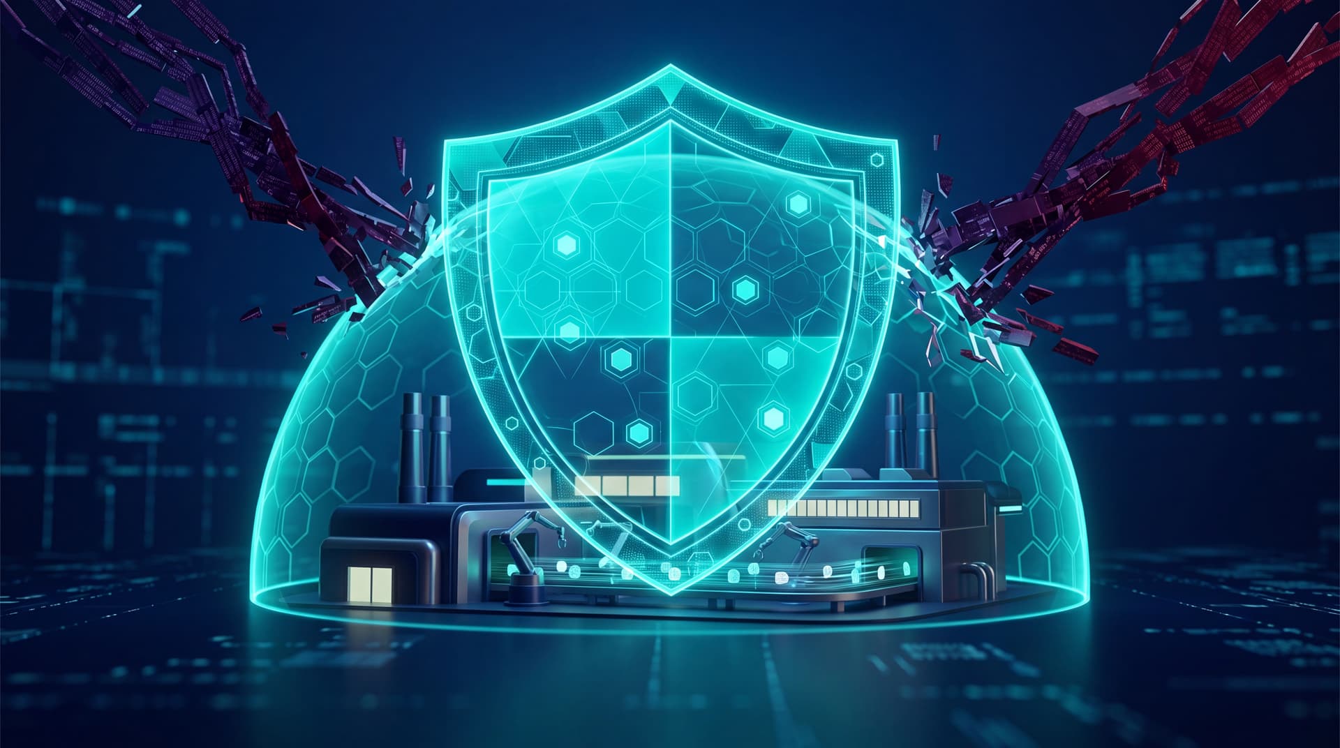 A glowing digital shield protecting a modern manufacturing facility from cyber threats.