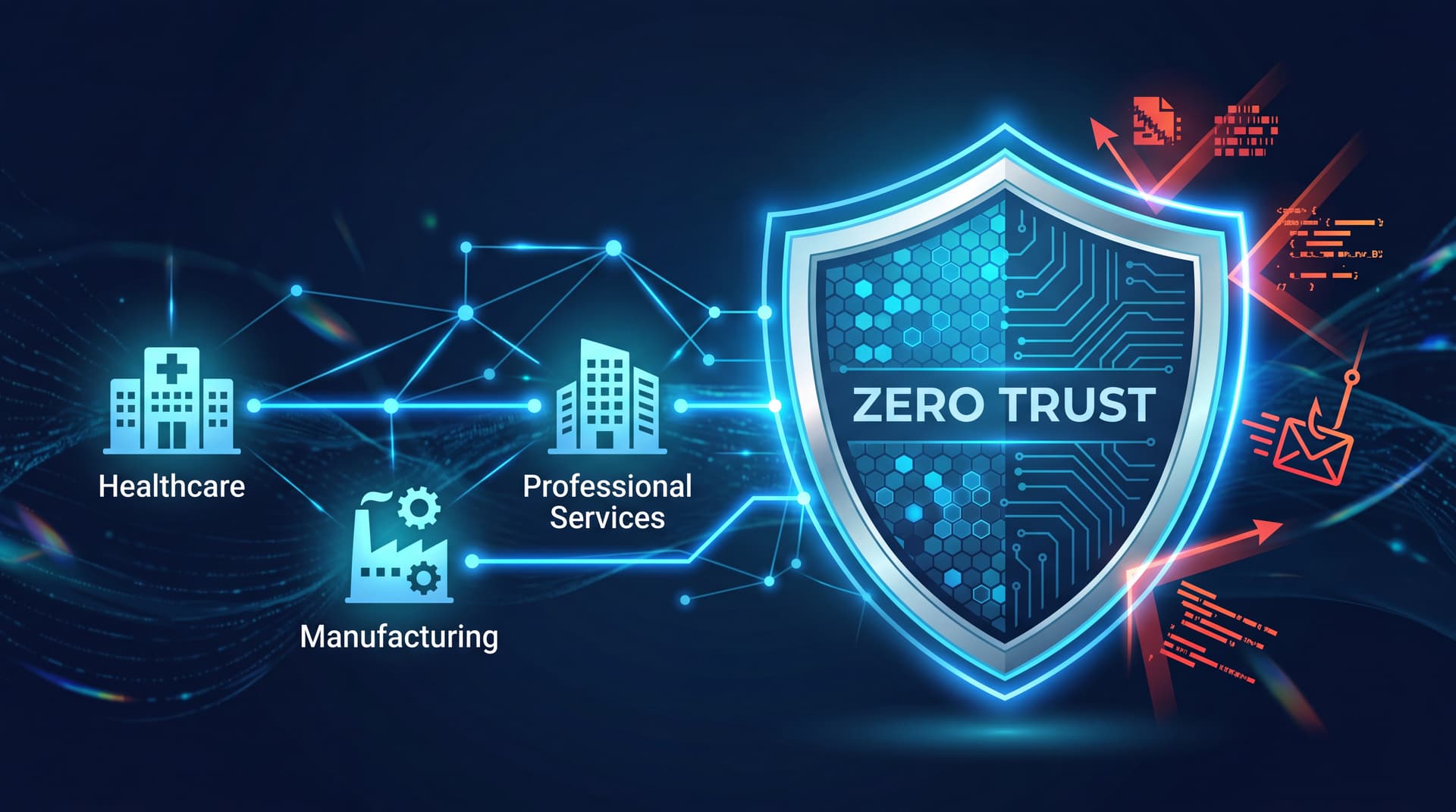 Abstract digital shield protecting business networks and data streams.