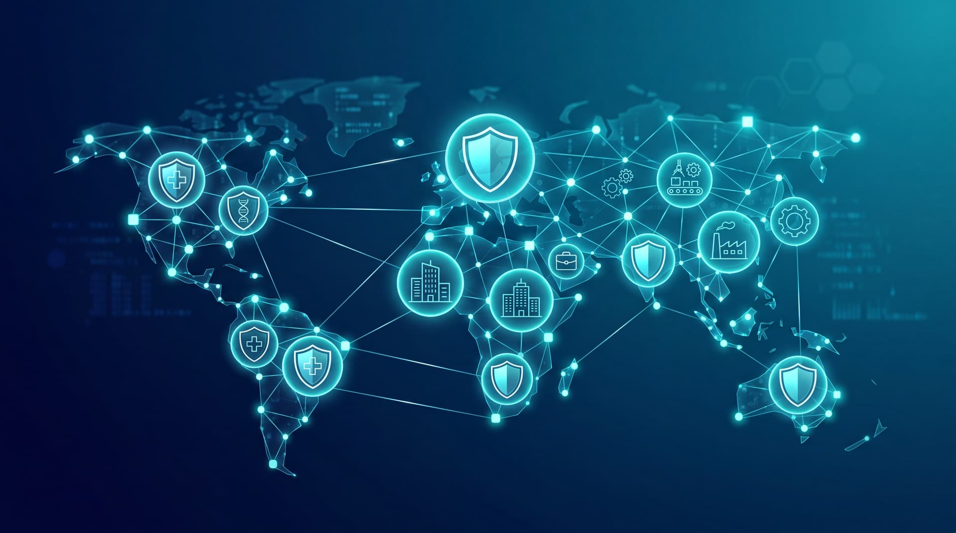 A digital shield protecting interconnected nodes representing secure business networks.