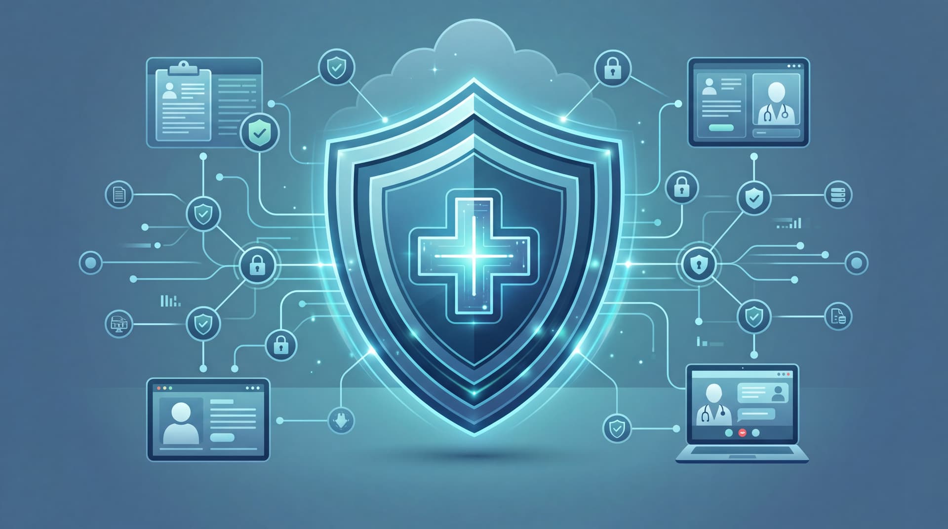 A digital shield protecting healthcare network nodes, representing HIPAA compliance and Zero Trust security.