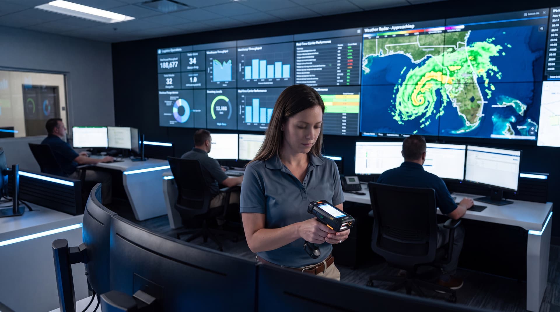 High-tech logistics control center displaying warehouse throughput and supply chain metrics on digital dashboards.