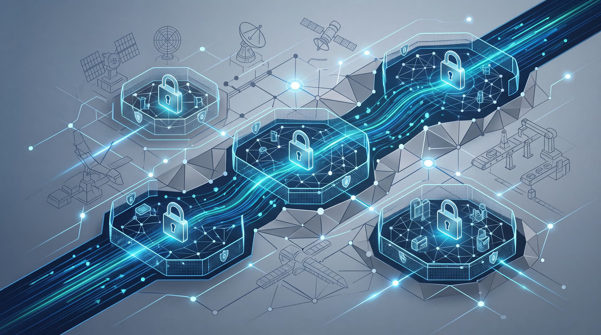 Abstract visualization of secure data enclaves and defense supply chain networks.
