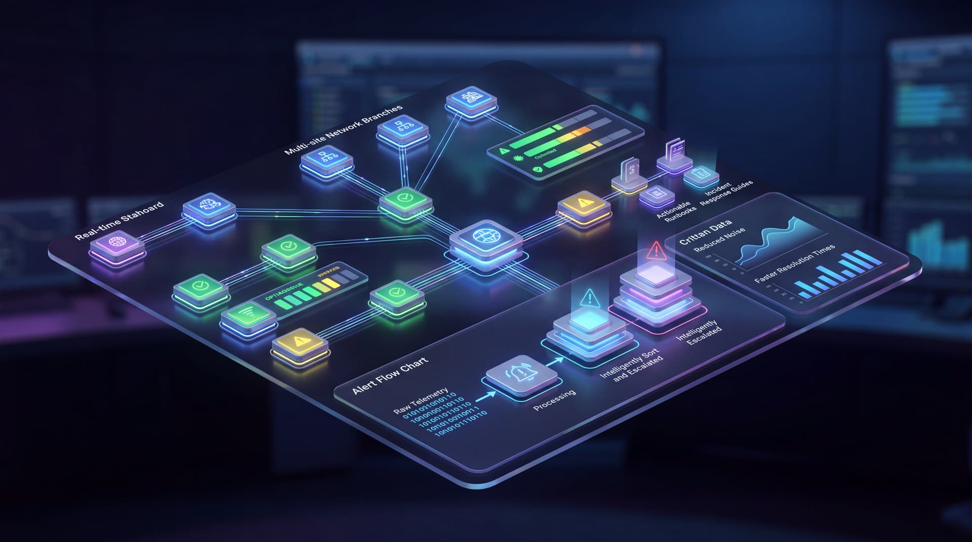A stylized 3D conceptual monitoring dashboard showing interconnected multi-site network nodes and alert workflow indicators.