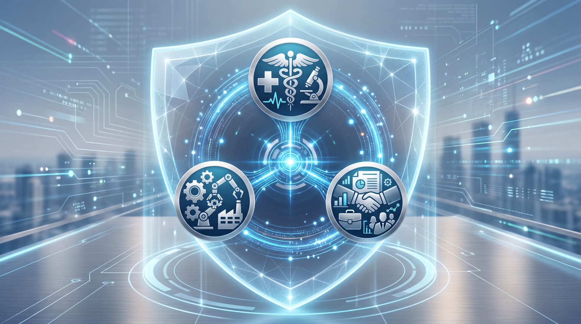 Digital workflow connecting healthcare, manufacturing, and professional services with a security shield.