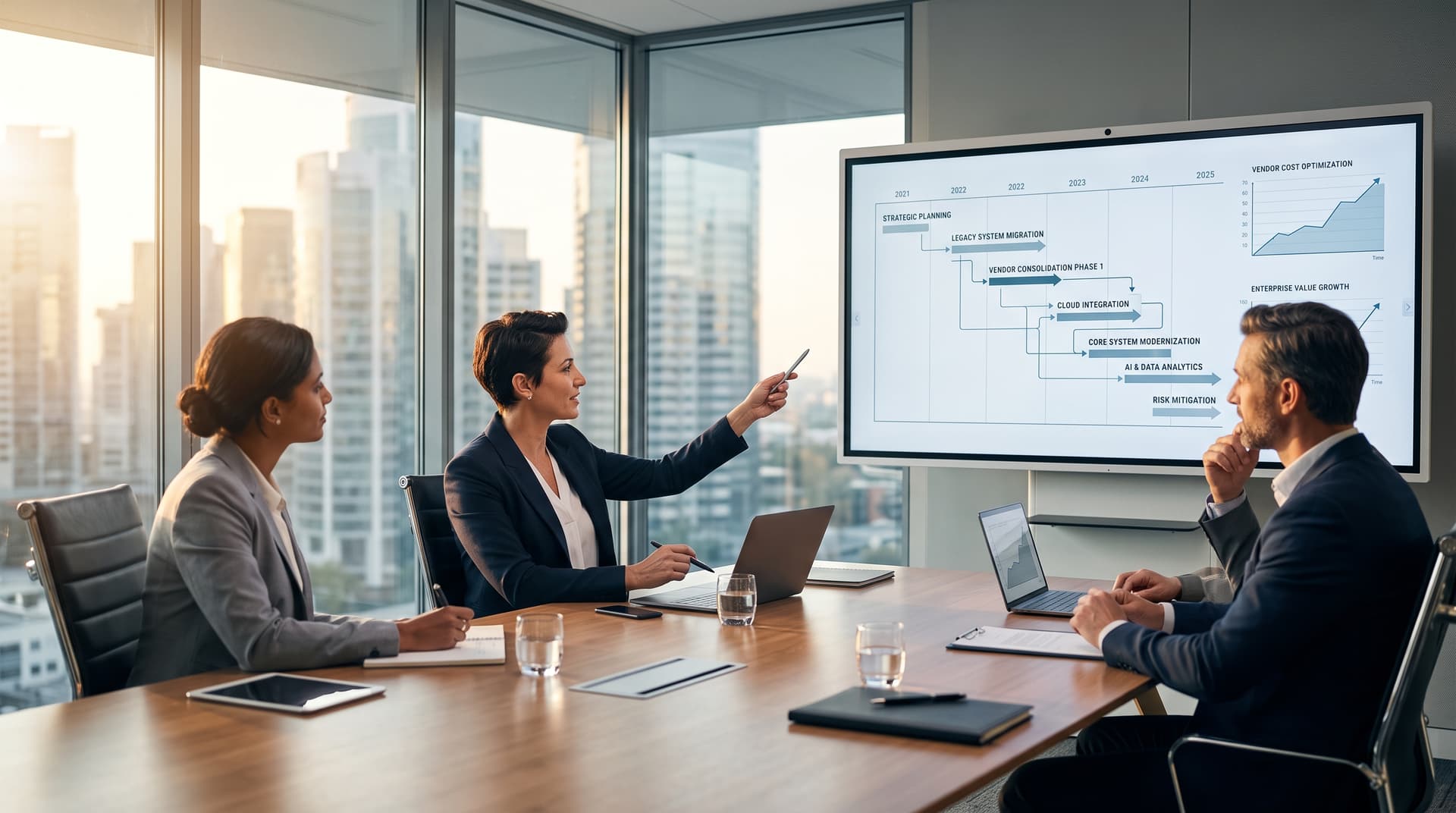 Executive leadership team discussing technology roadmap and vendor strategy in a modern boardroom