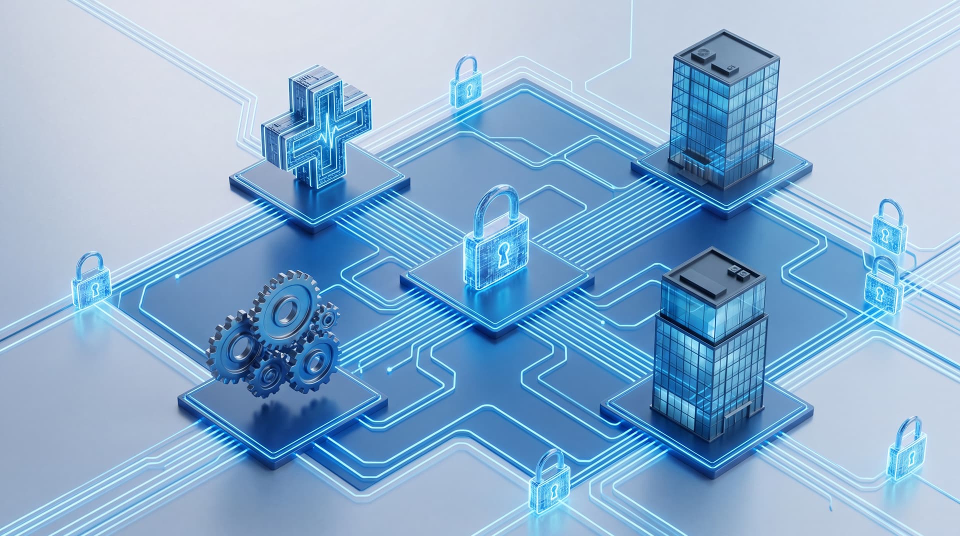 3D illustration of a secure cloud computing network connecting healthcare, manufacturing, and professional services icons with digital padlocks.