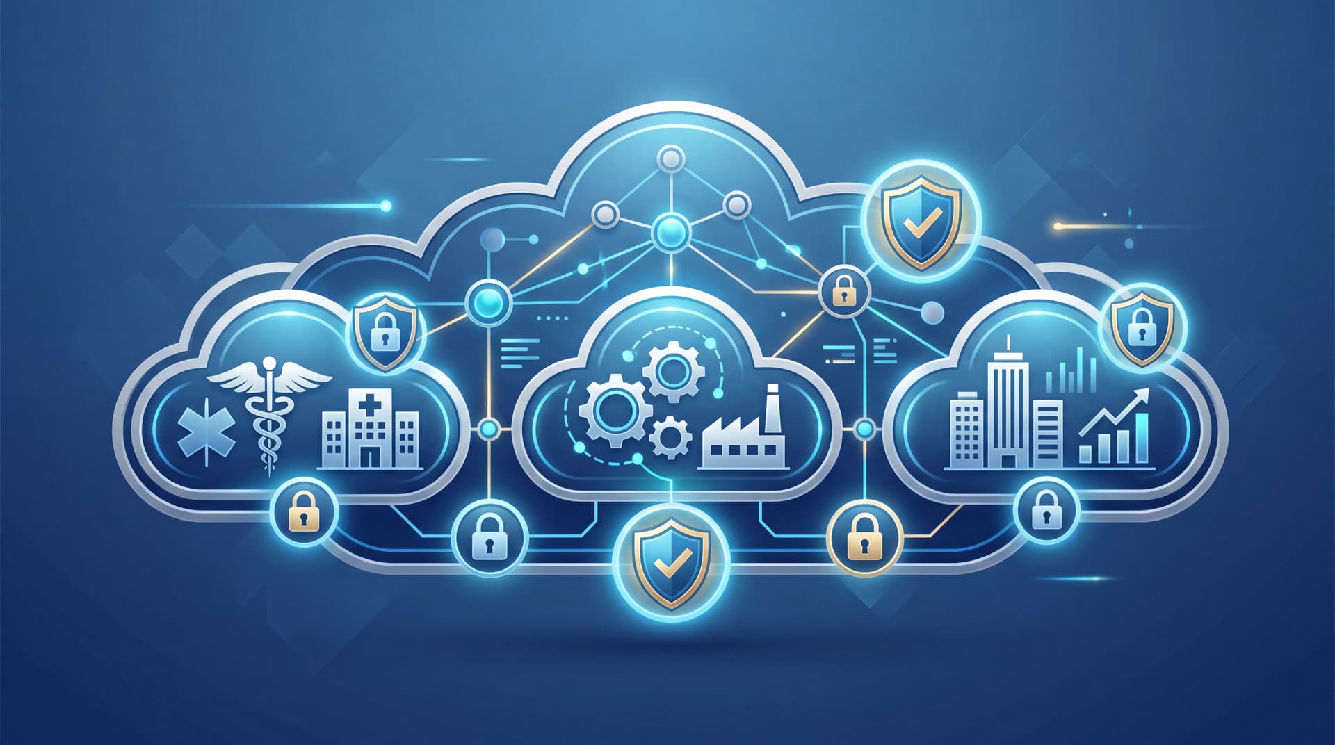 Stylized cloud network connecting healthcare and manufacturing icons with secure padlock symbols.