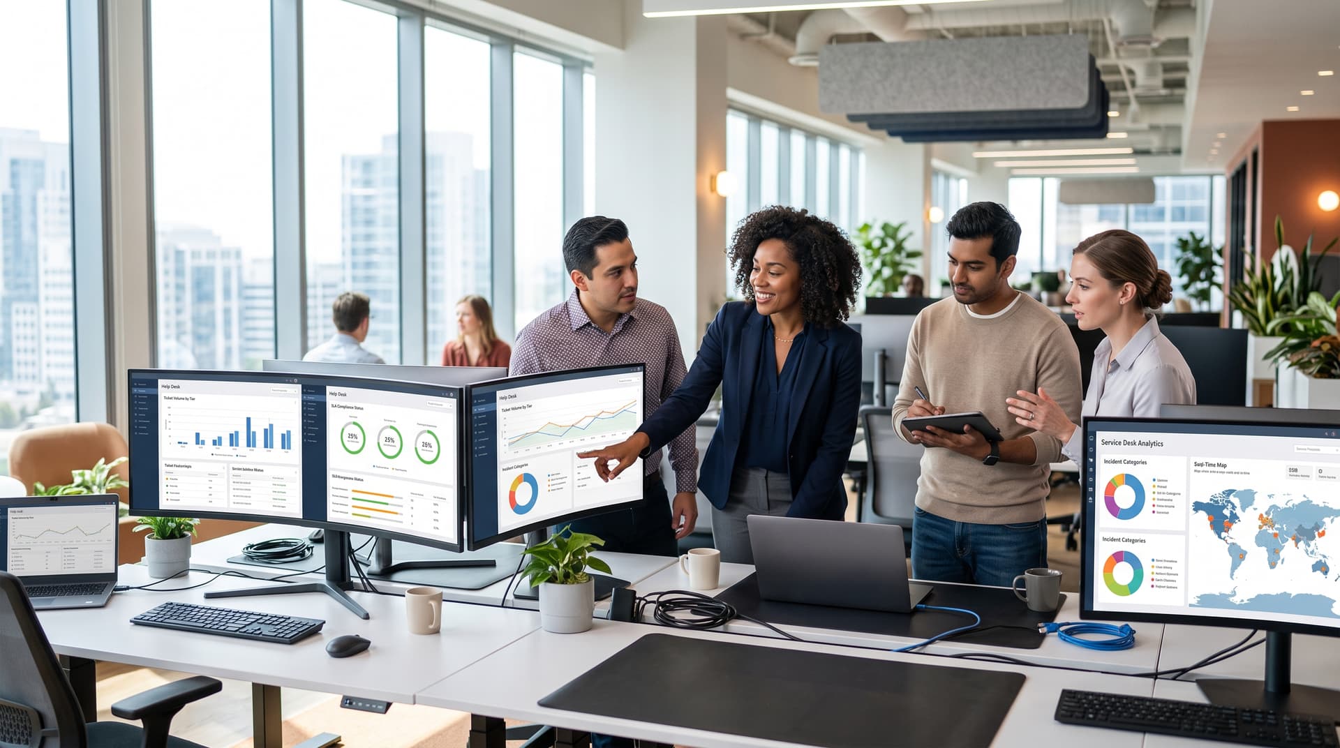 An IT support team collaborating in a bright modern office discussing help desk metrics and user service tickets.