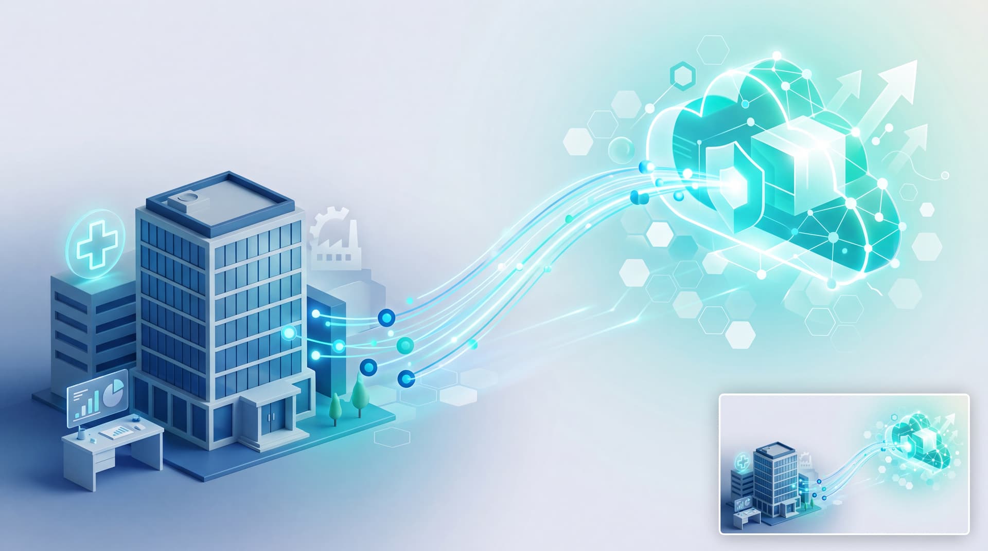 Abstract 3D render of glowing data nodes connecting traditional infrastructure to a secure cloud network.