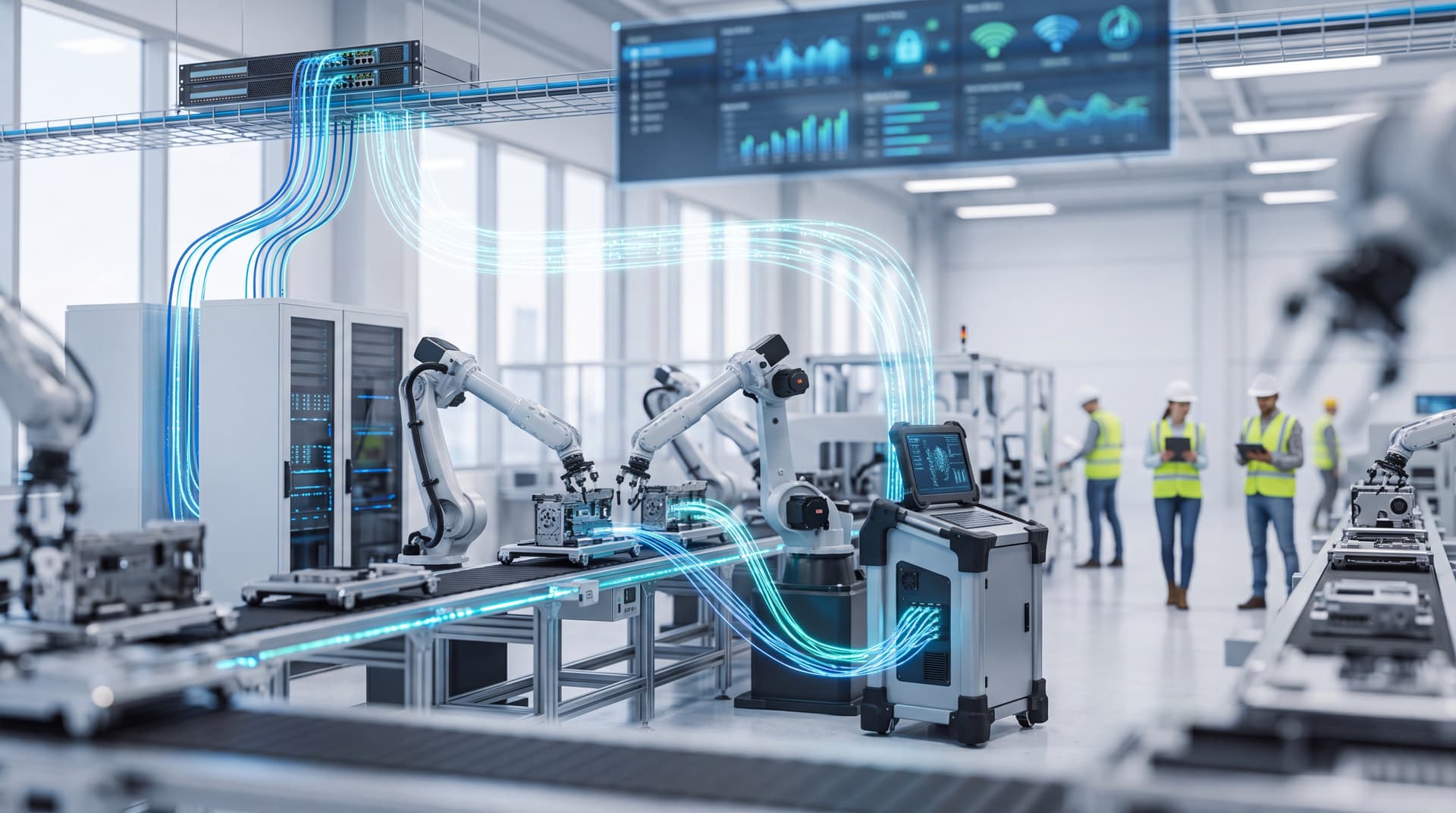 Modern manufacturing floor with digital data streams illustrating secure IT and OT connectivity