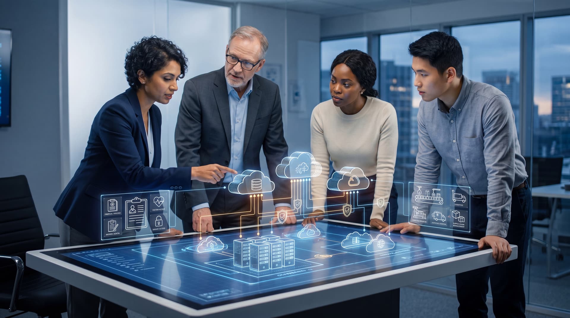 Tech leaders reviewing a digital hybrid cloud network blueprint
