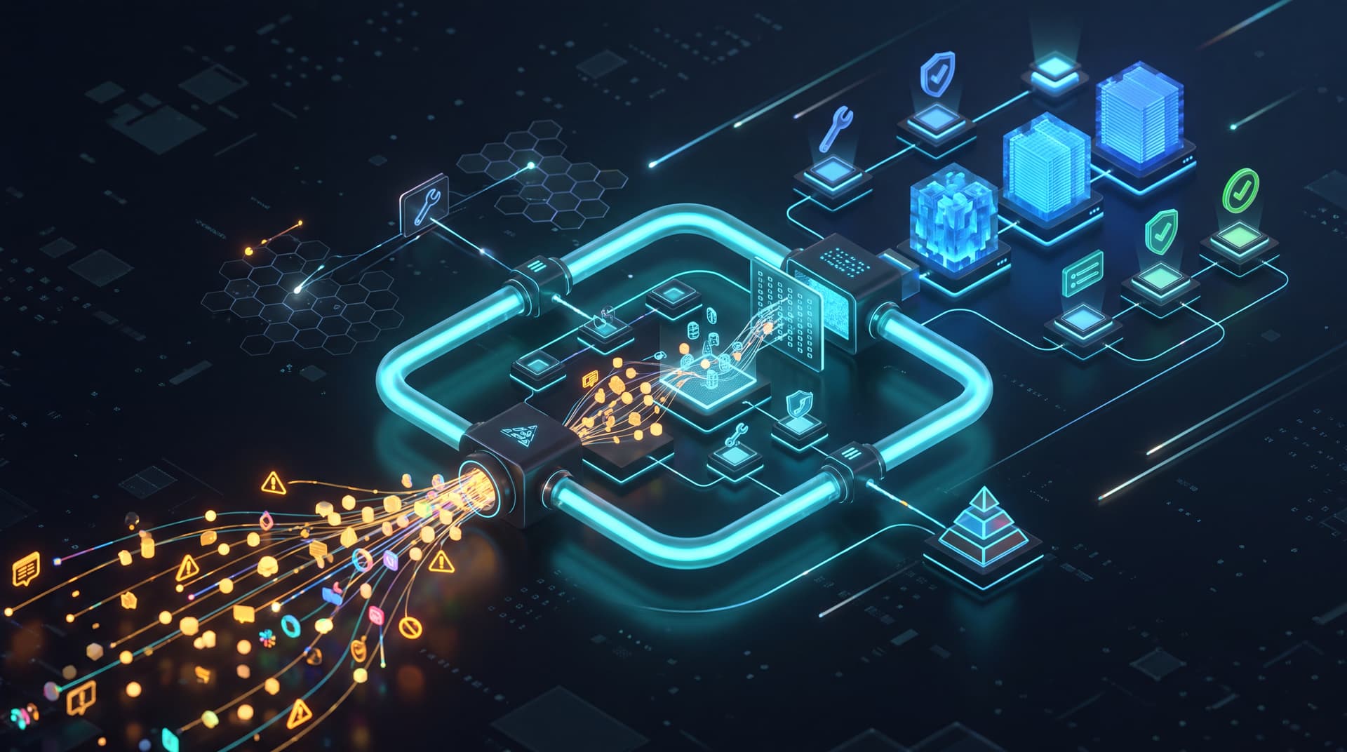 3D concept visual of a futuristic network operations command center dashboard with glowing data nodes and status badges.