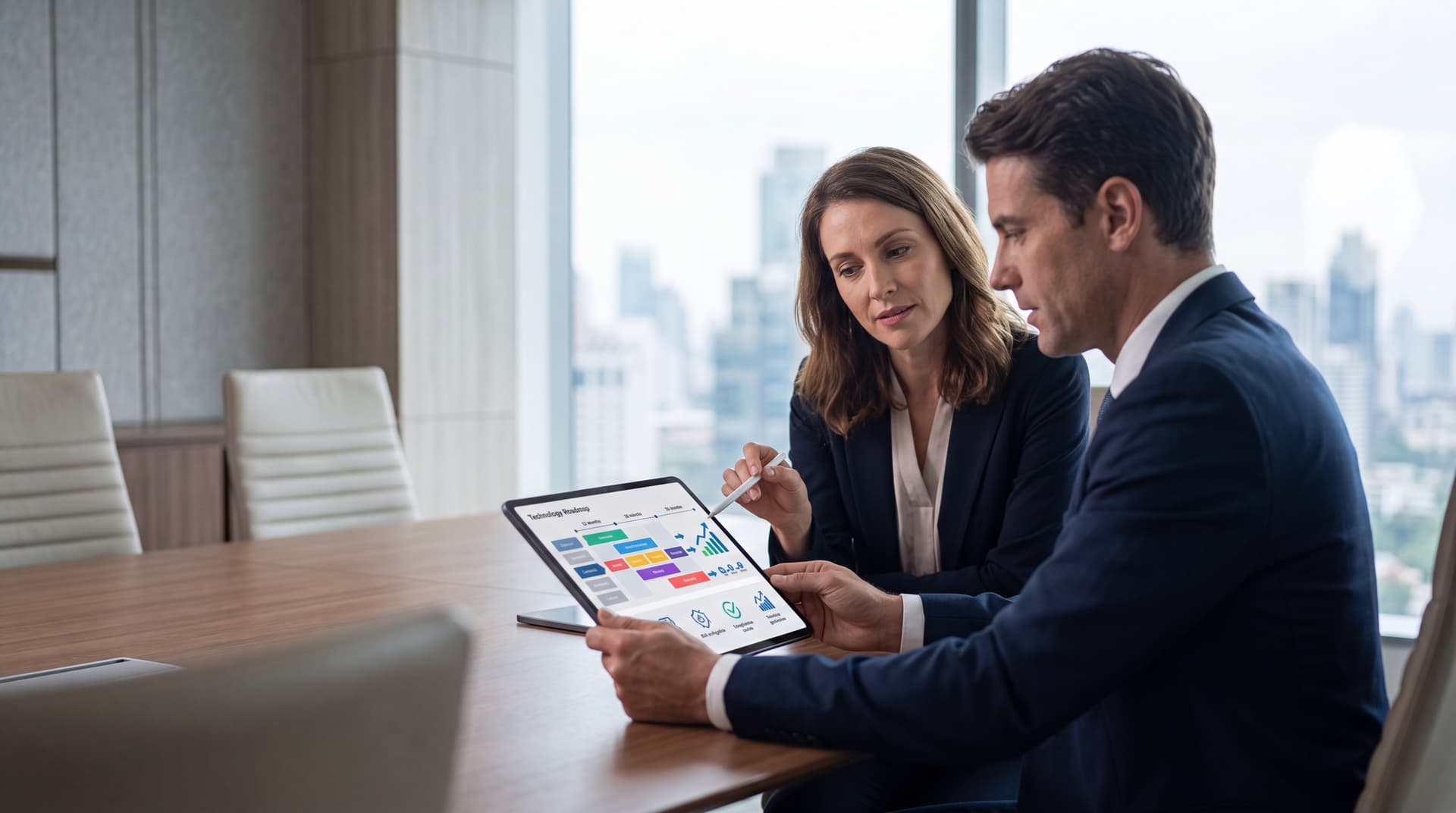 Executives reviewing a strategic technology roadmap on a tablet in a modern boardroom.