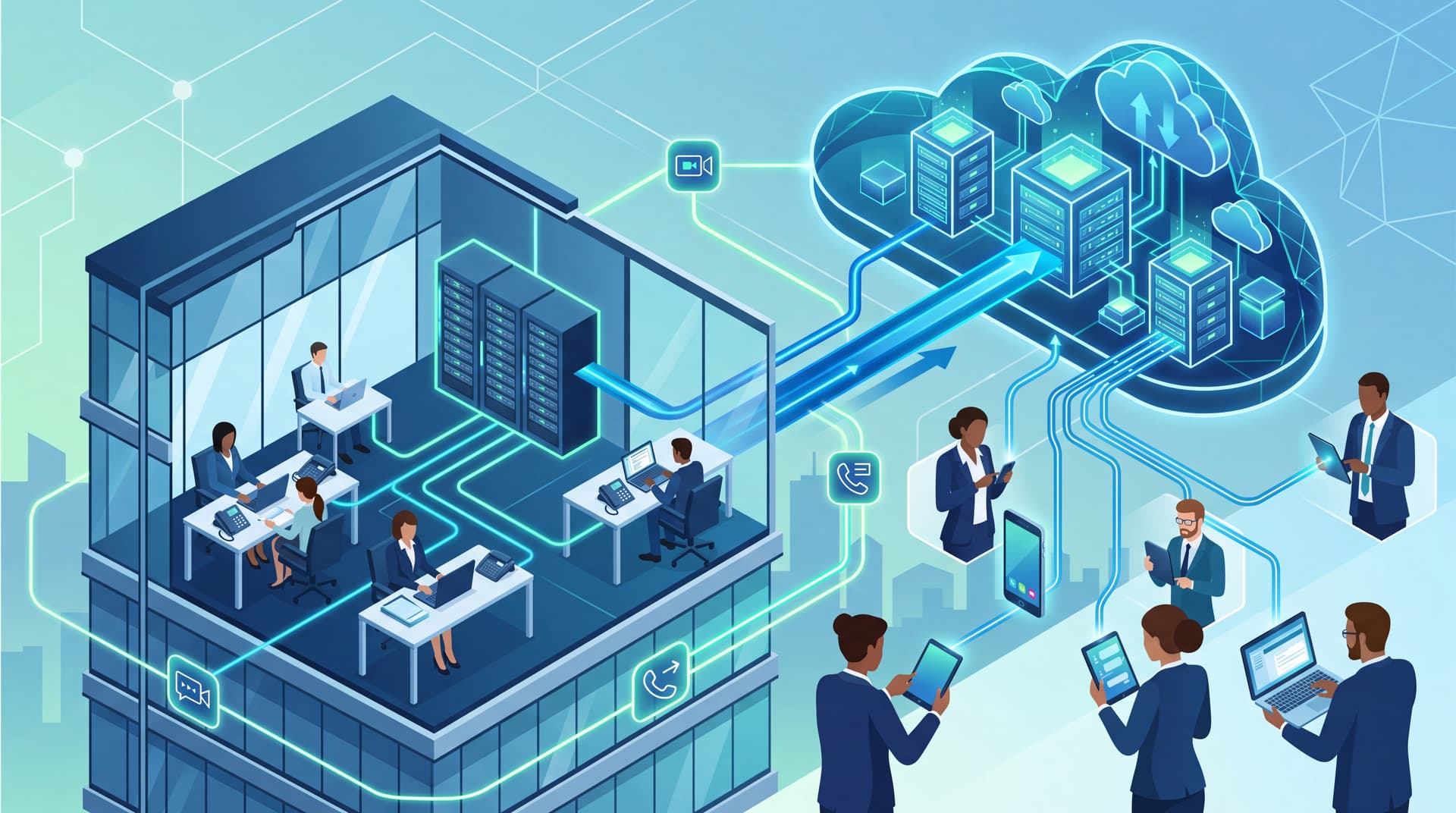 Illustration of a hybrid communications network connecting on-premise hardware to cloud services.