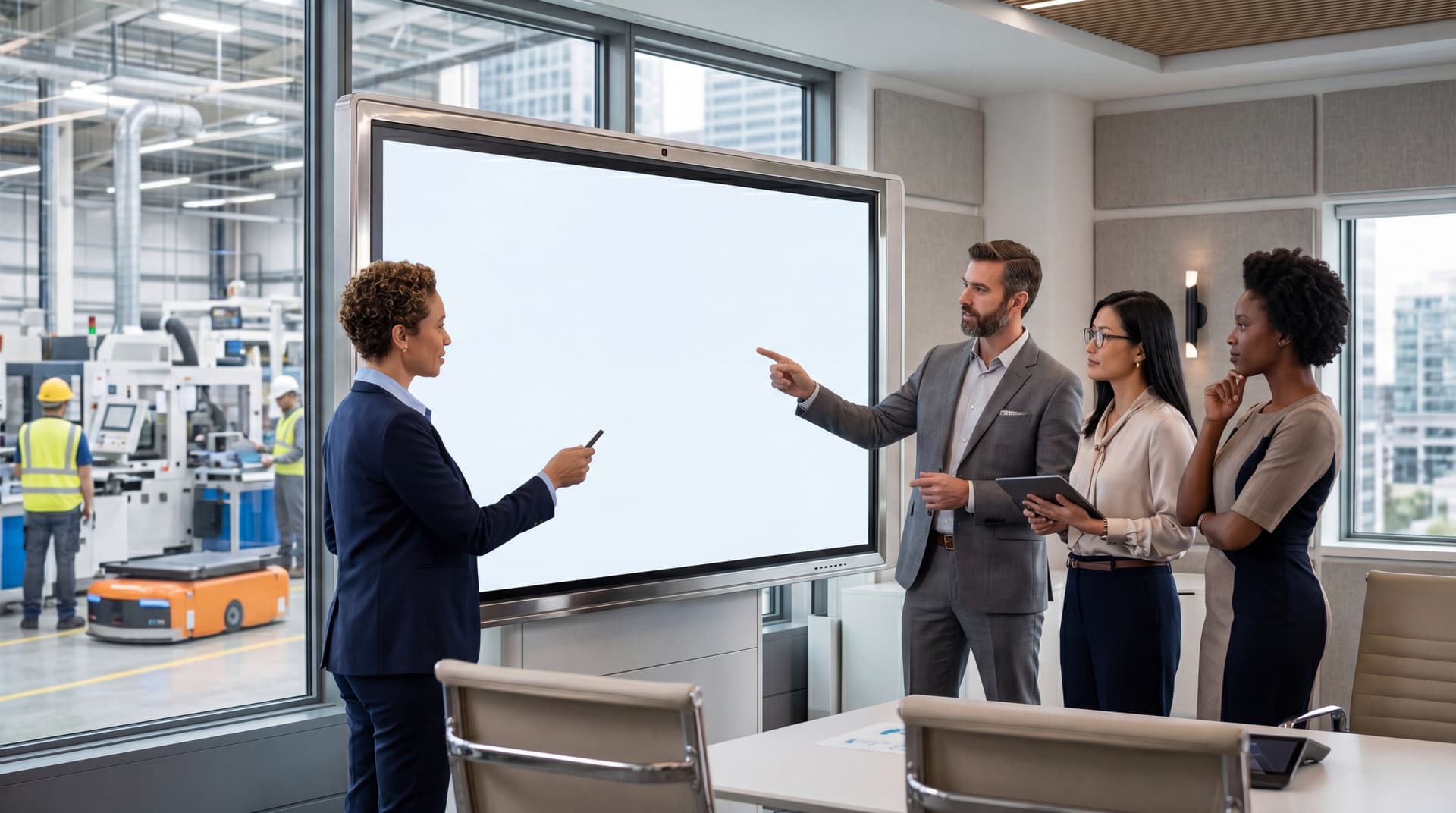 Technology decision makers reviewing digital transformation data on a smart board.
