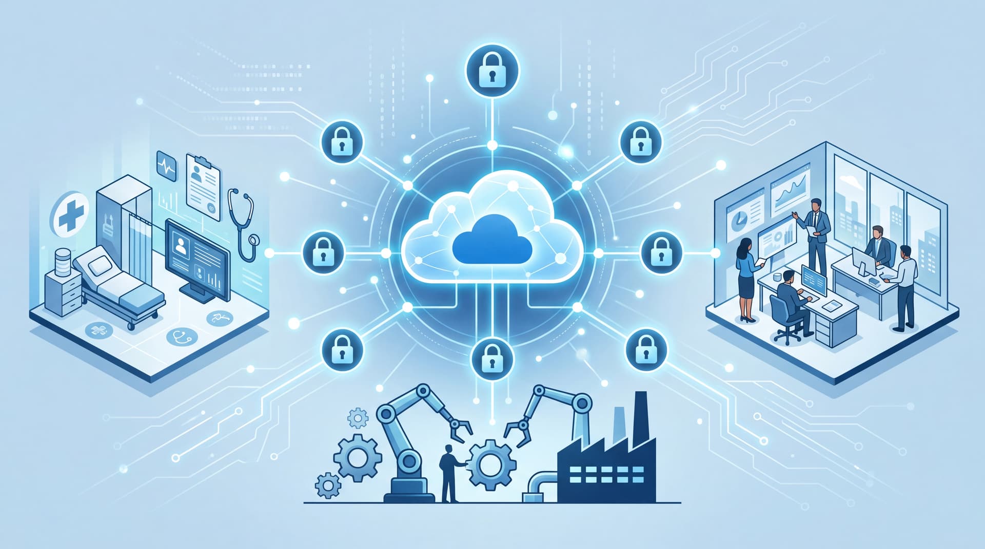 Conceptual illustration of secure cloud networking connecting healthcare, manufacturing, and corporate environments.