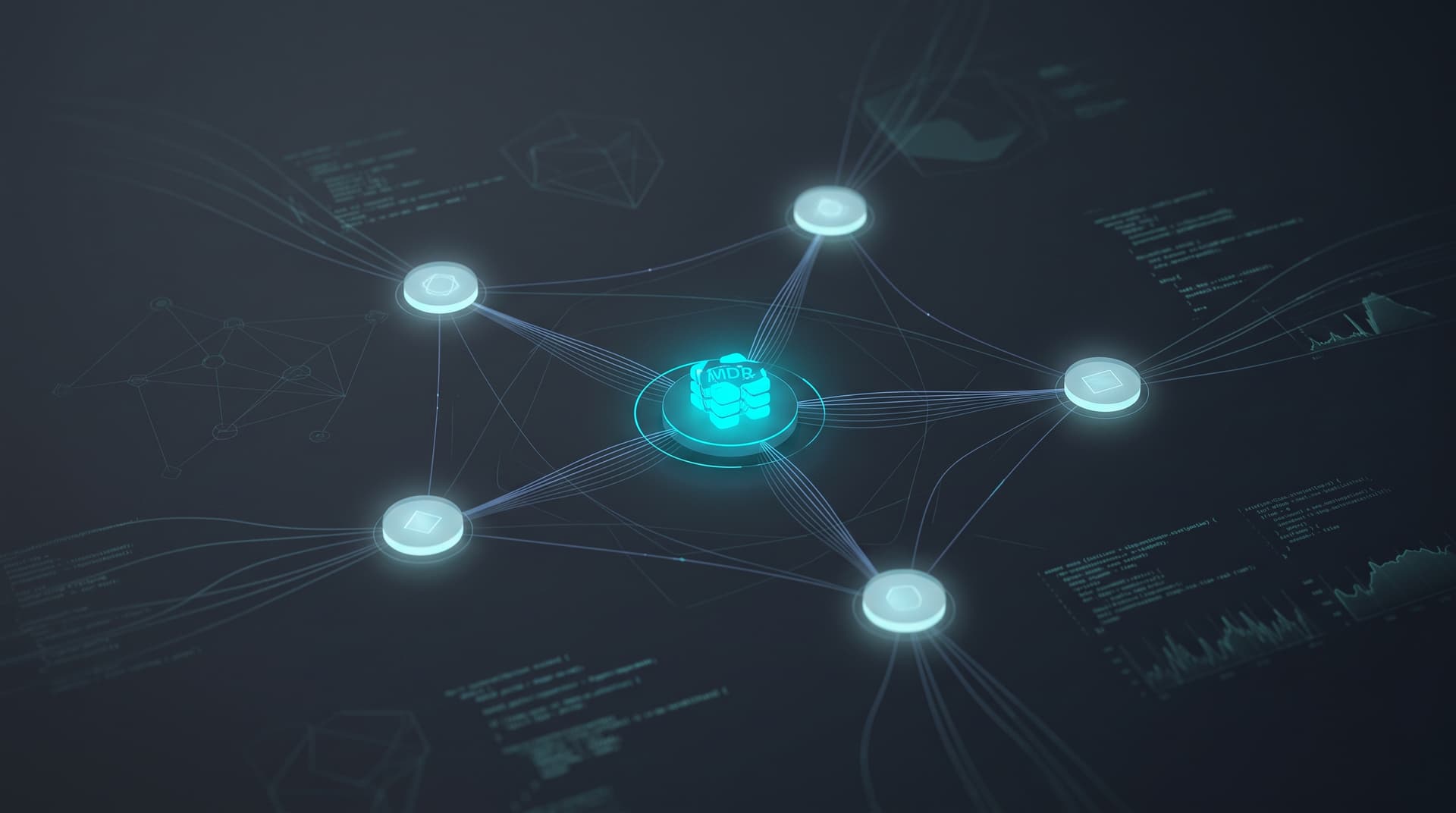 Abstract dark professional security operations dashboard showing layered threat monitoring metrics.