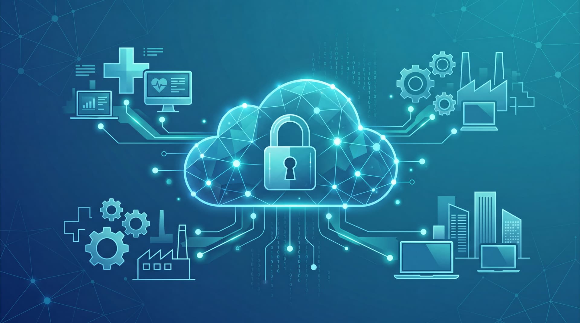 Abstract illustration of a secure multi-cloud ecosystem connecting various industry sectors.