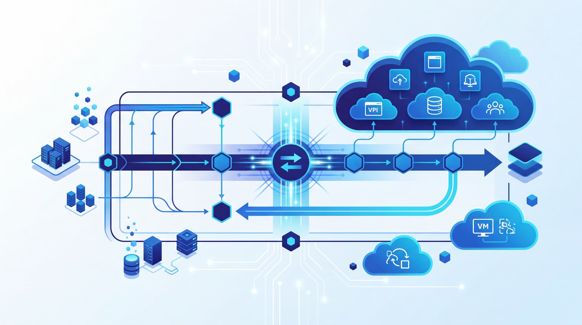 Abstract cloud connectivity diagram showing synchronized network nodes in professional blue tones.