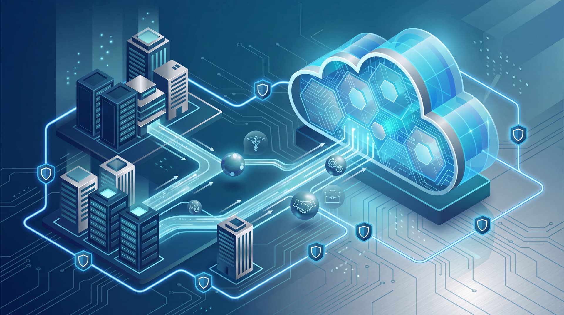 Abstract representation of a secure hybrid cloud network connecting various business sectors.