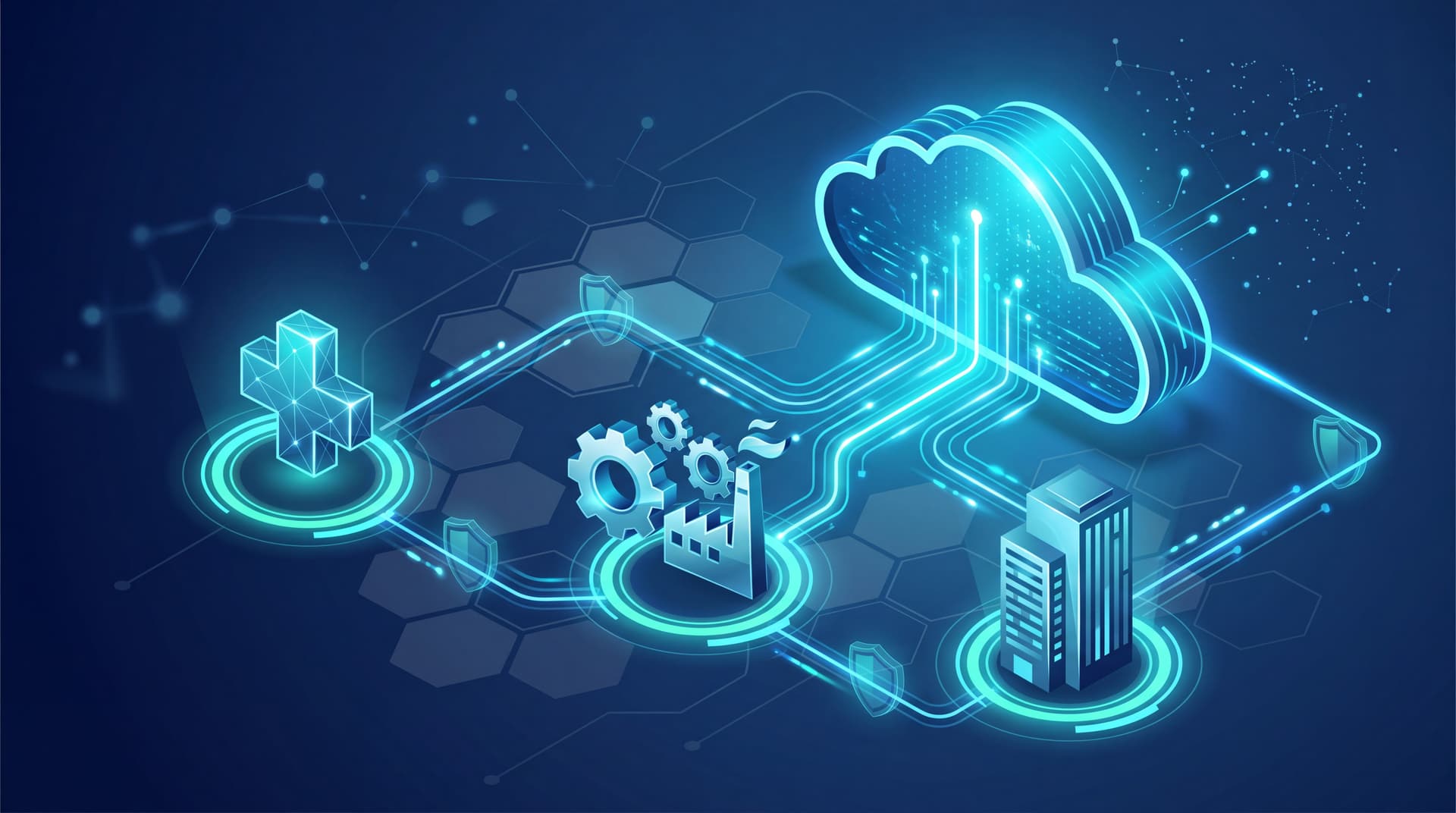 Abstract representation of cloud computing networks connecting healthcare, manufacturing, and professional services industries.