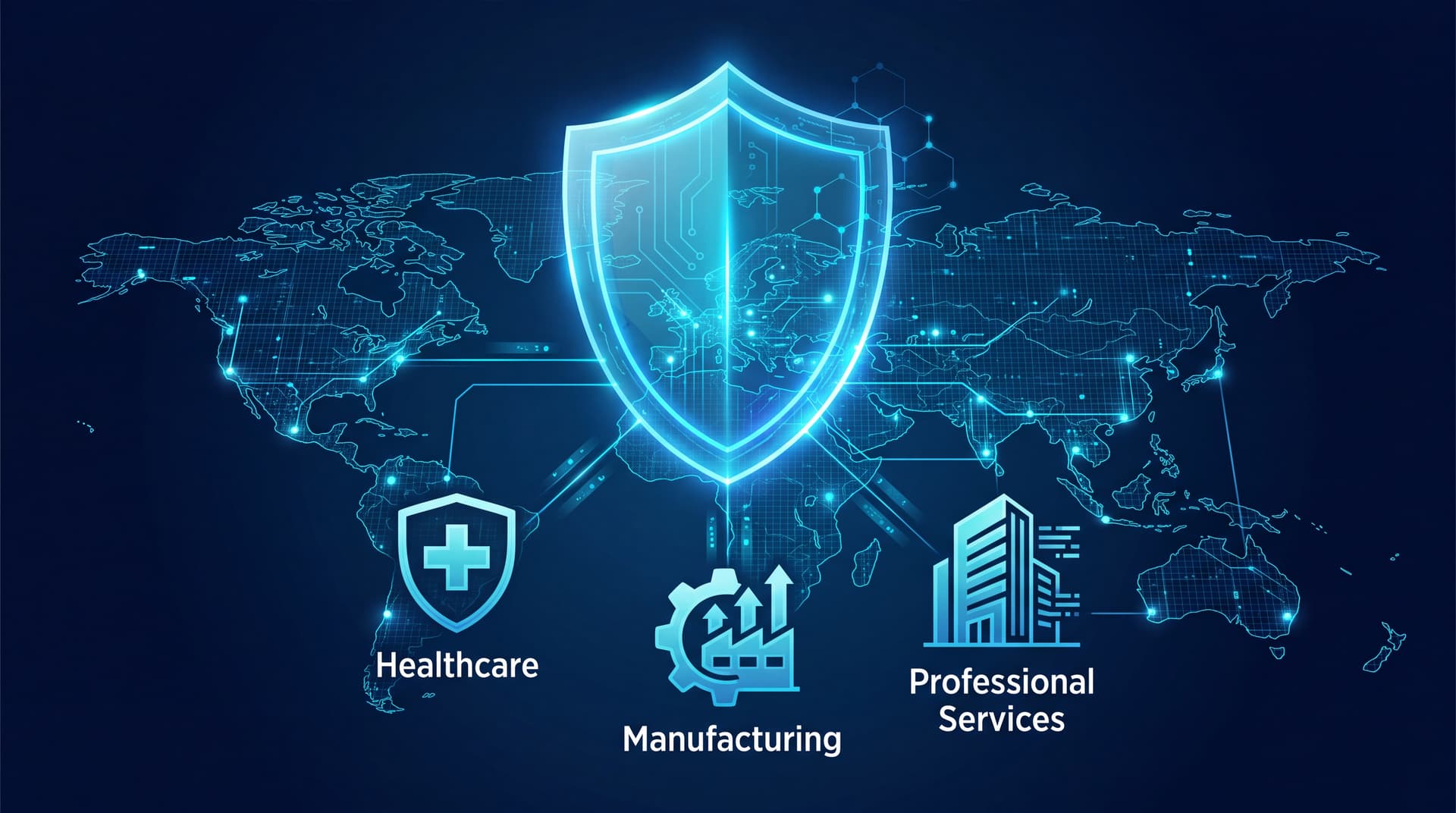 A glowing digital shield protecting a network of healthcare, manufacturing, and professional services icons.