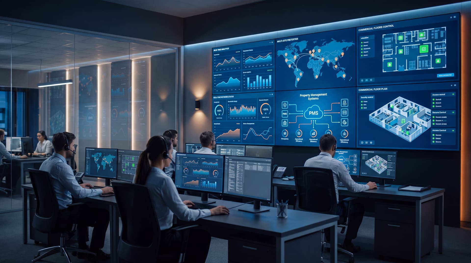 Modern real estate operations center displaying multi-property network and security monitoring dashboards.