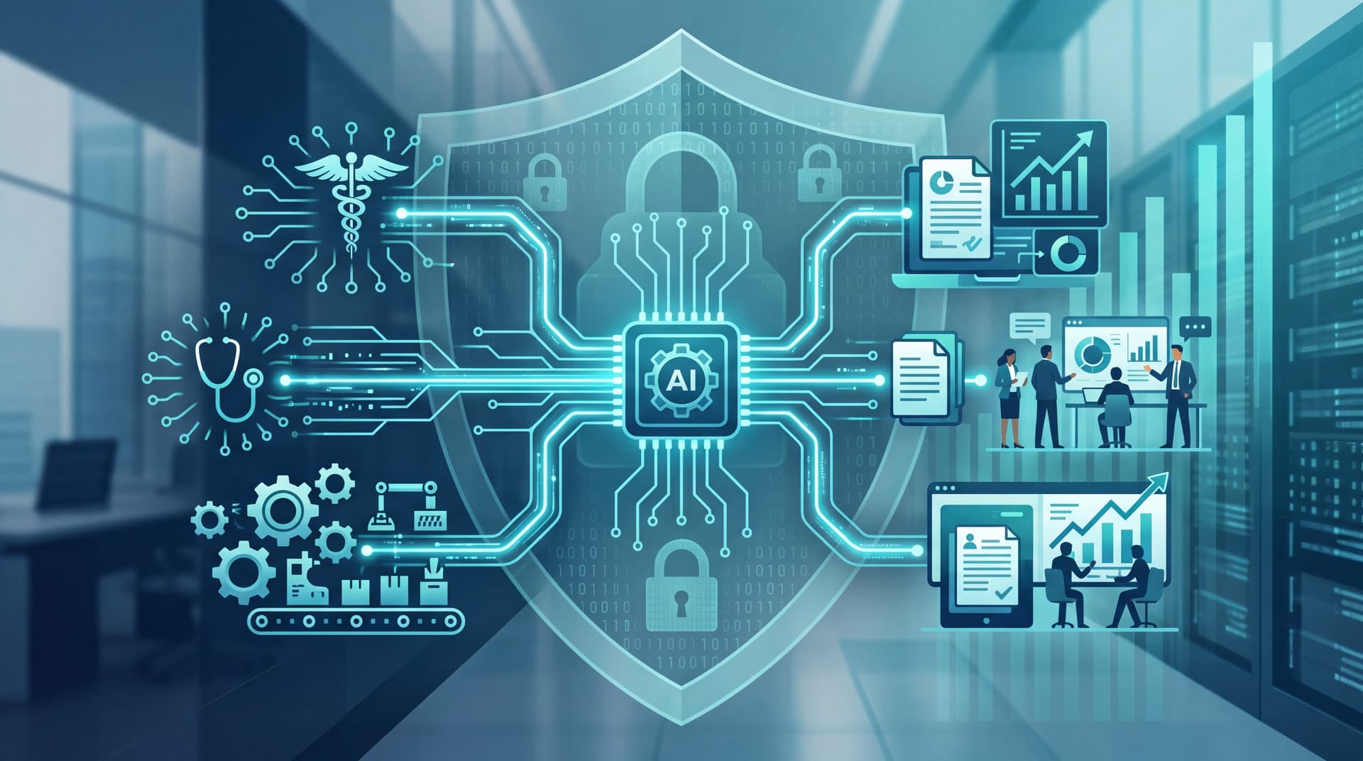 Abstract representation of automated digital workflows protected by a cybersecurity shield.