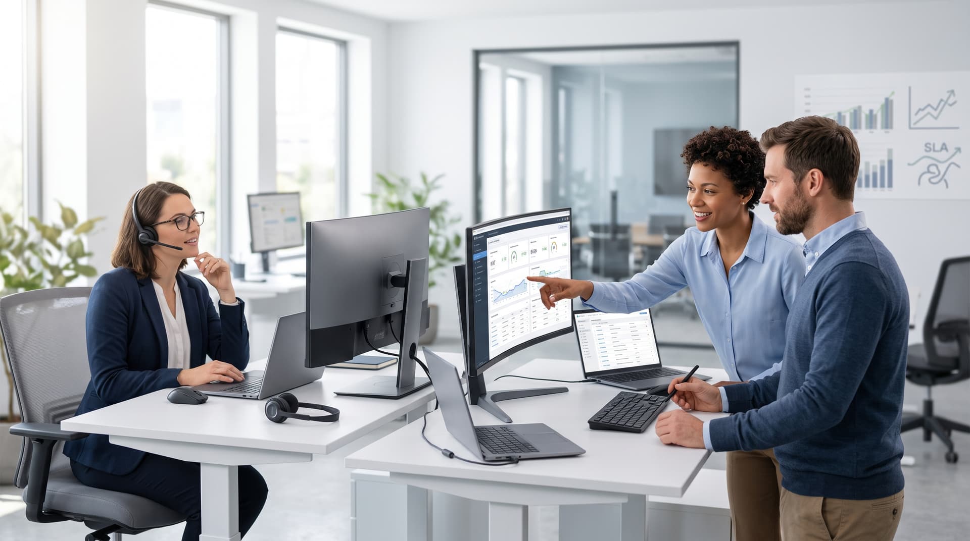 A collaborative IT help desk team assisting end users in a modern daylight-filled office.