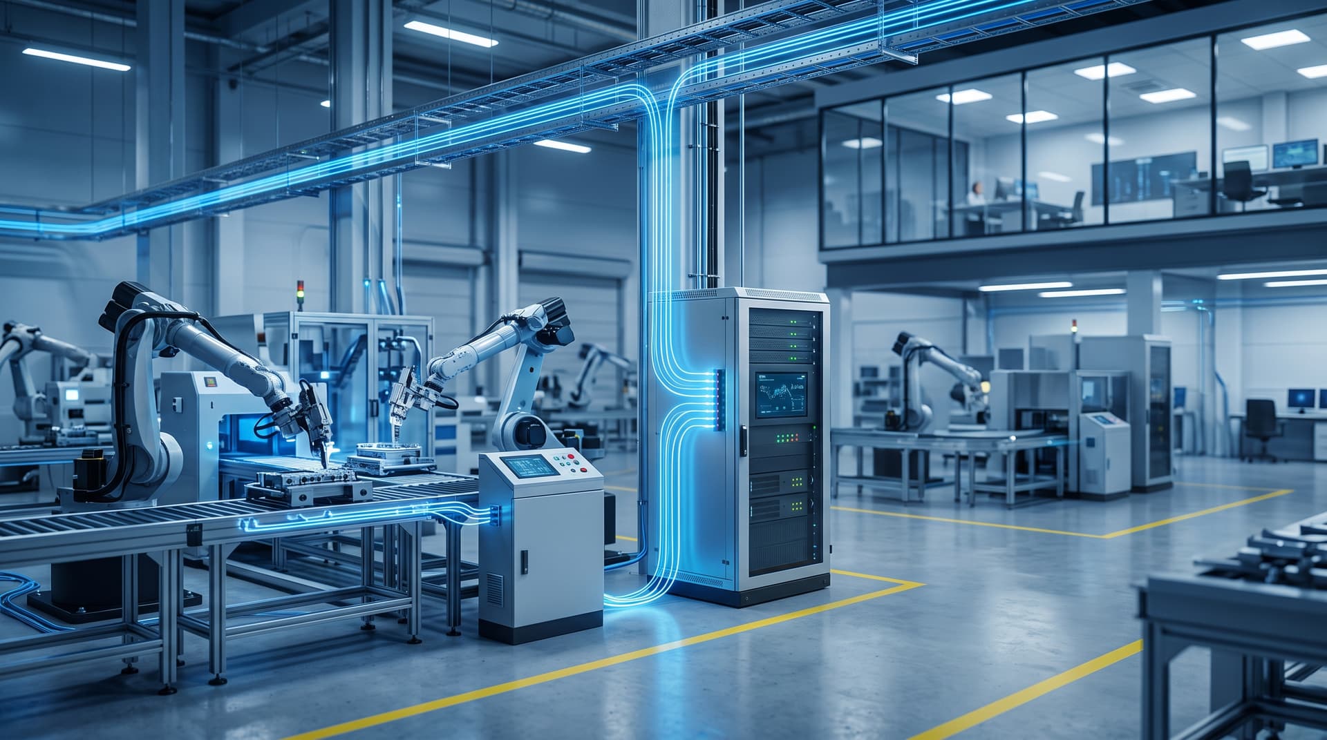 Modern manufacturing plant floor showing automated assembly equipment integrated with secure network connectivity overlays.