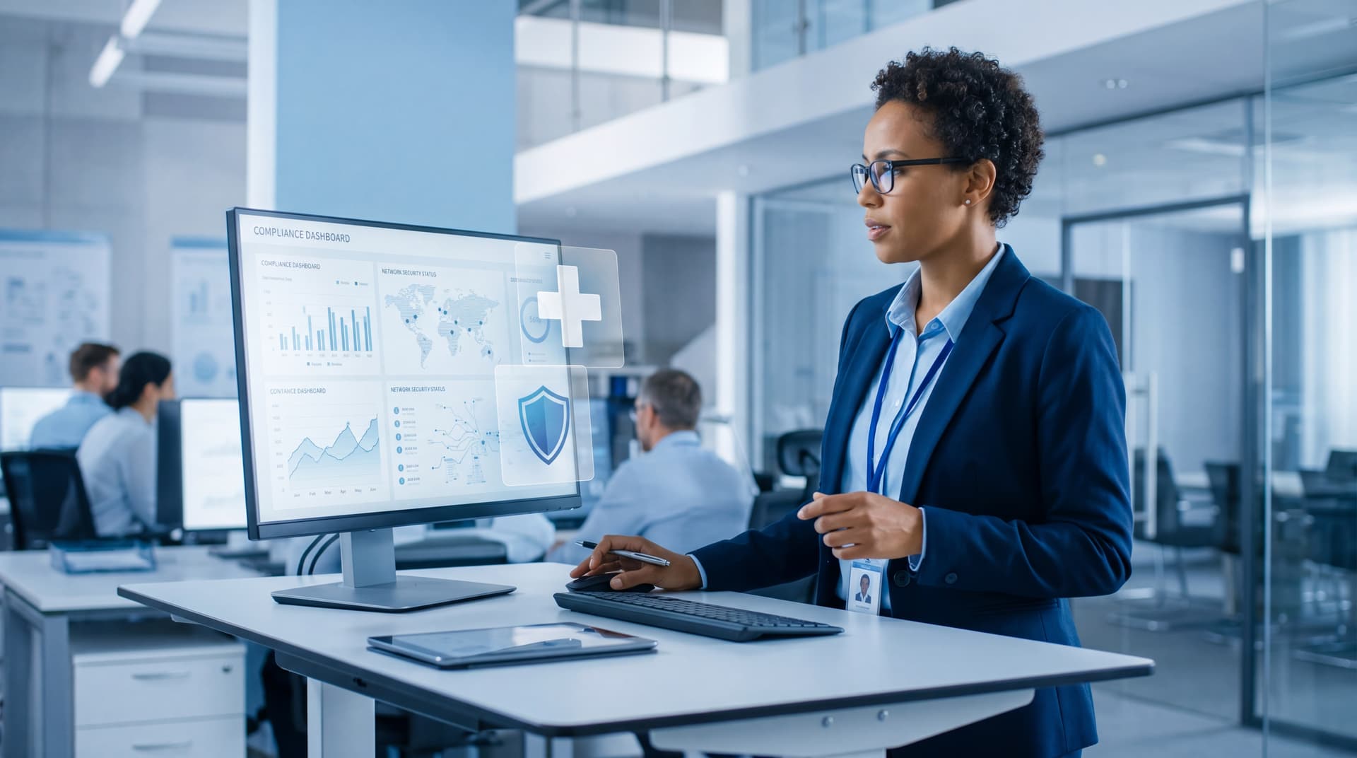 IT professional reviewing secure healthcare data and network security protocols on a digital dashboard.