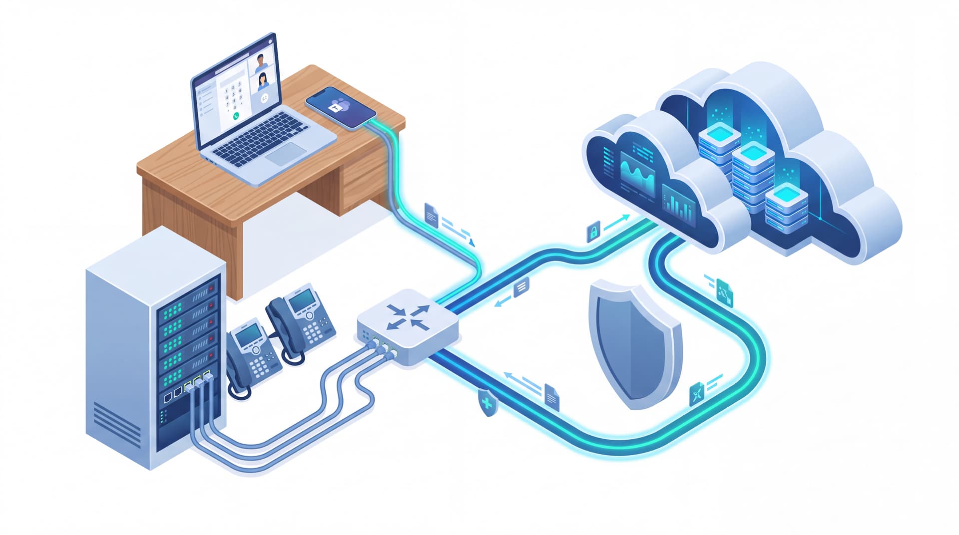Isometric vector illustration showing a hybrid business voice network connecting on-premise hardware to cloud telephony servers.